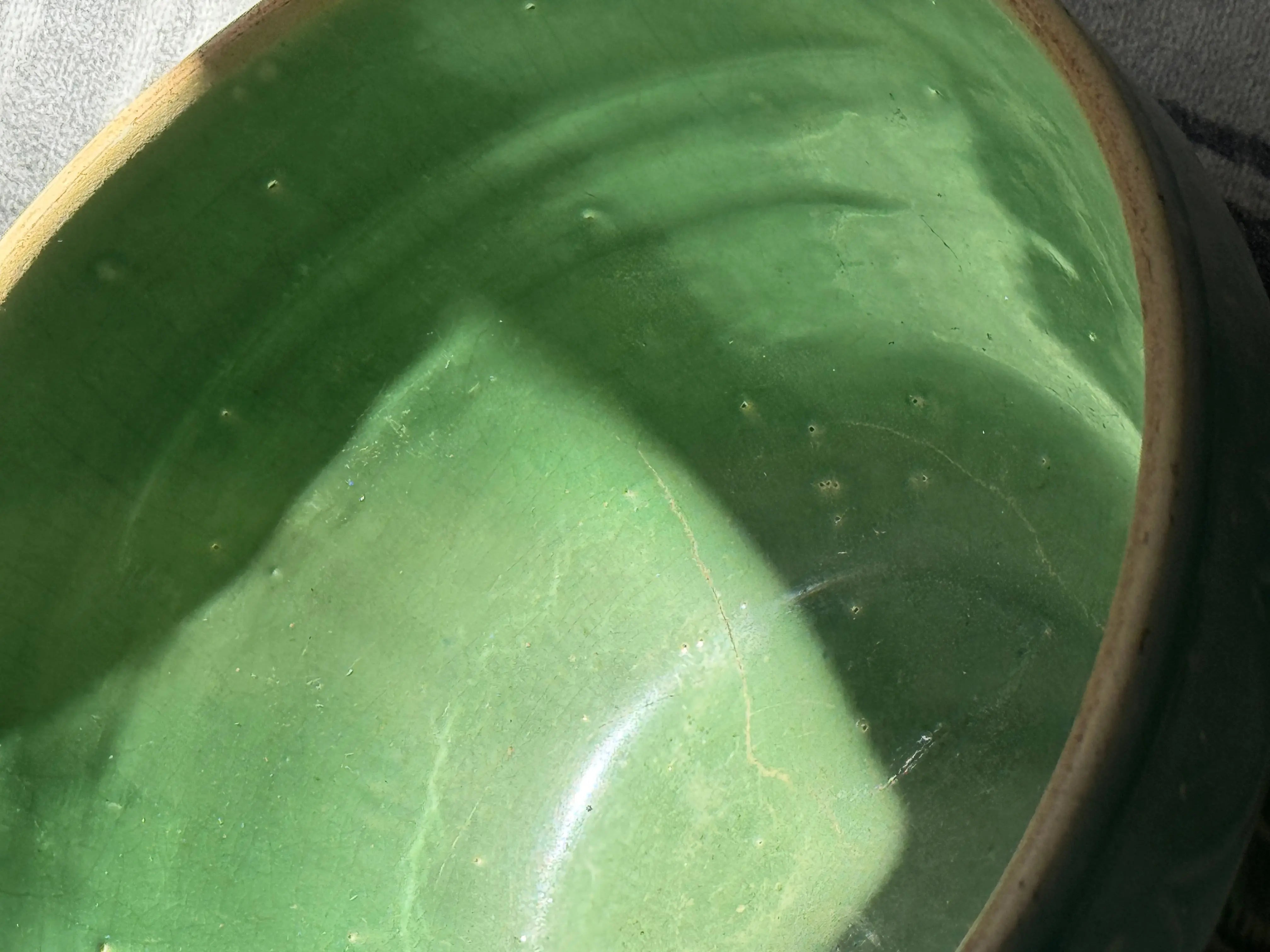 Antique Pottery Green Mixing Bowl | Arches Fish Scale Pattern