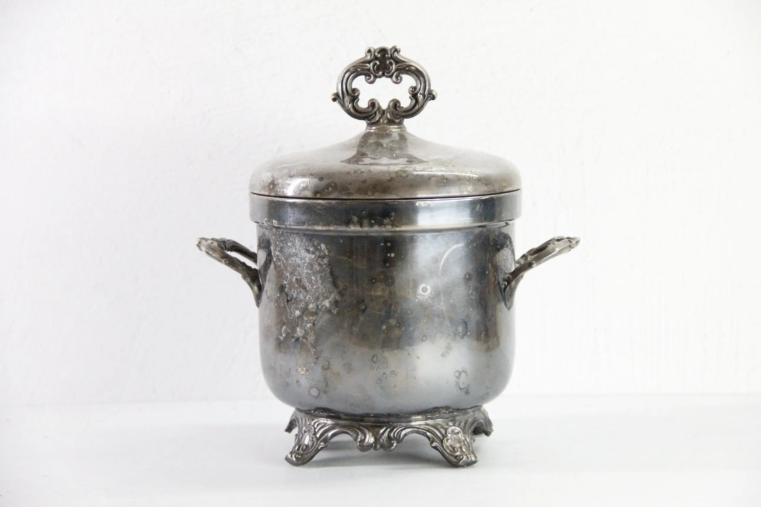 Antique Silver Ice Bucket | 1883 Rogers Footed Insulated Cooler  Debra Hall Lifestyle