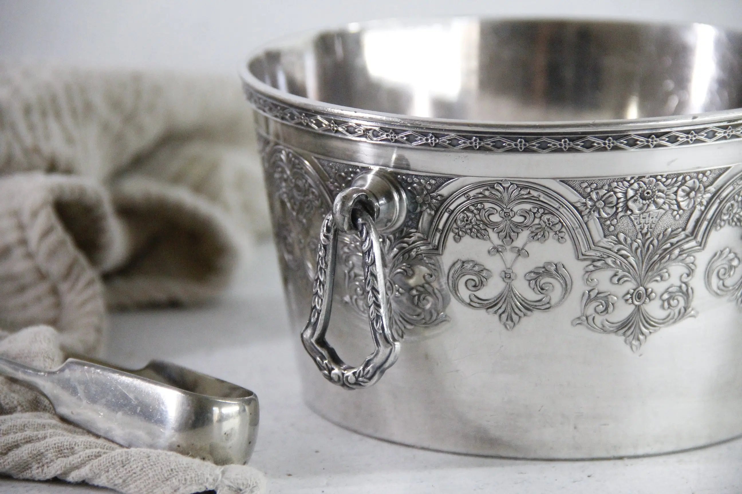 Antique Silver Ice Bucket | Small Wilcox Etched Paisley  Debra Hall Lifestyle