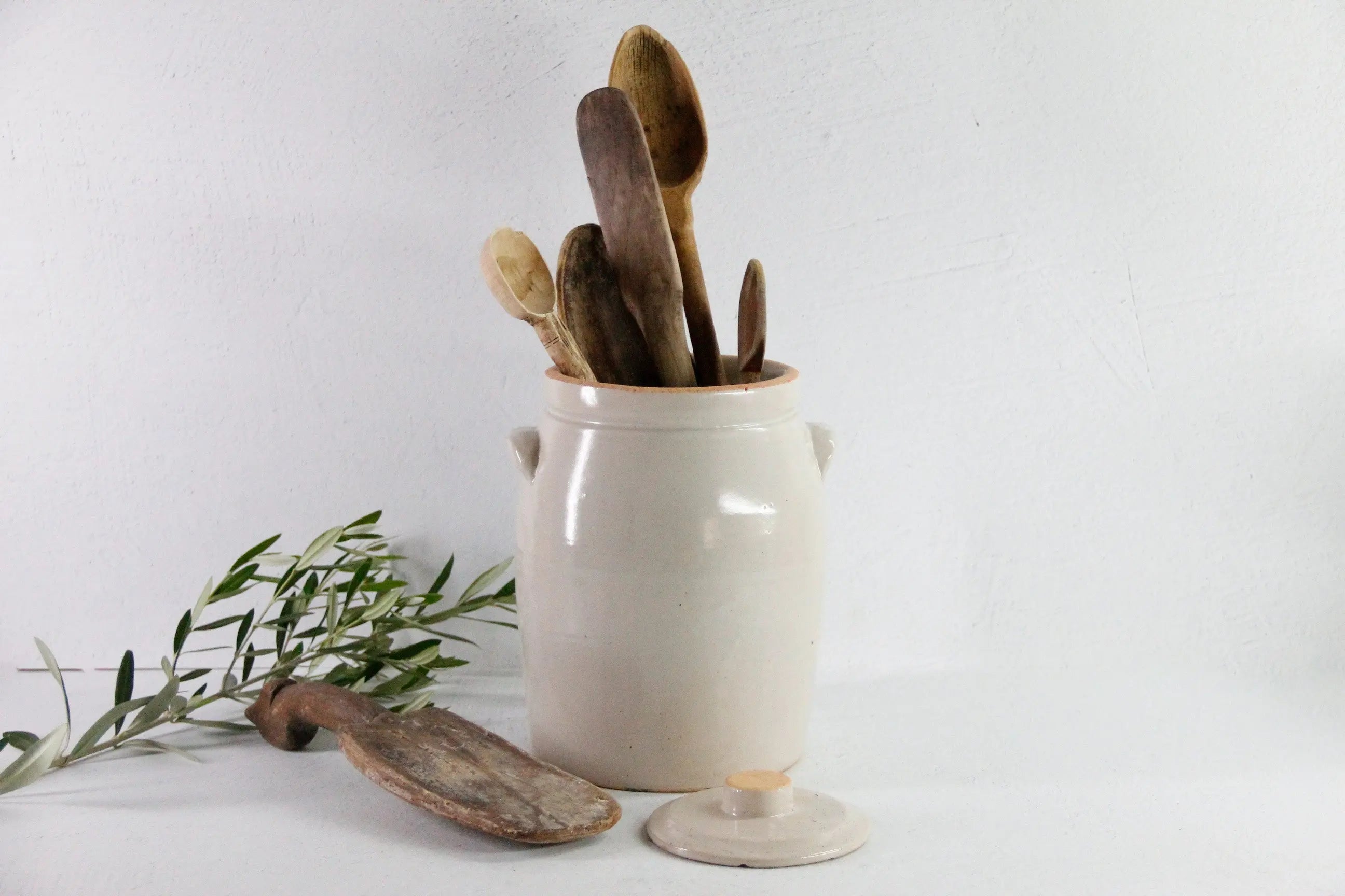 Antique Stoneware Crock Cookie Jar With Lid | Light Beige  Debra Hall Lifestyle
