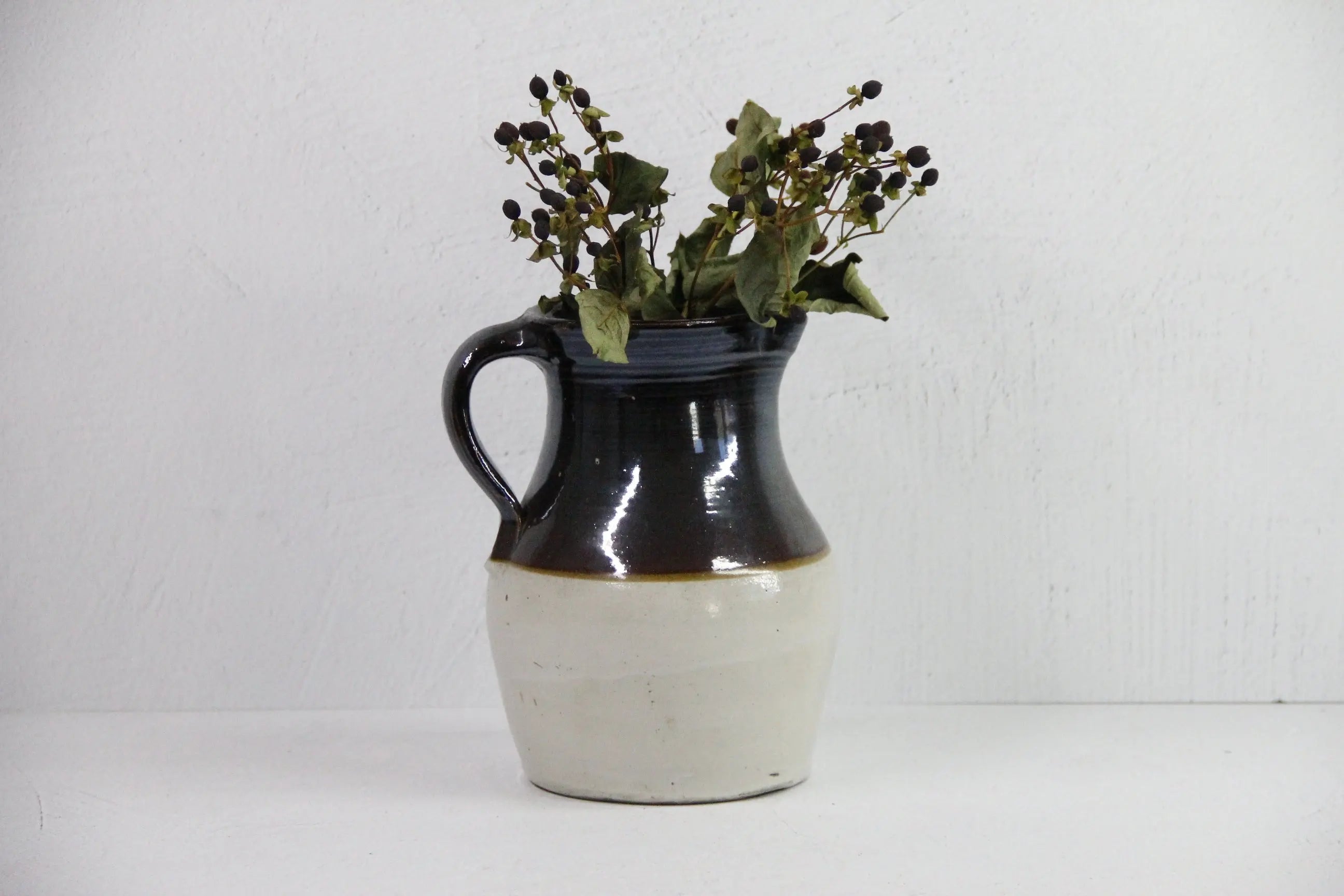 Antique Stoneware Pitcher | Rustic Early Two Tone Pitcher  Debra Hall Lifestyle