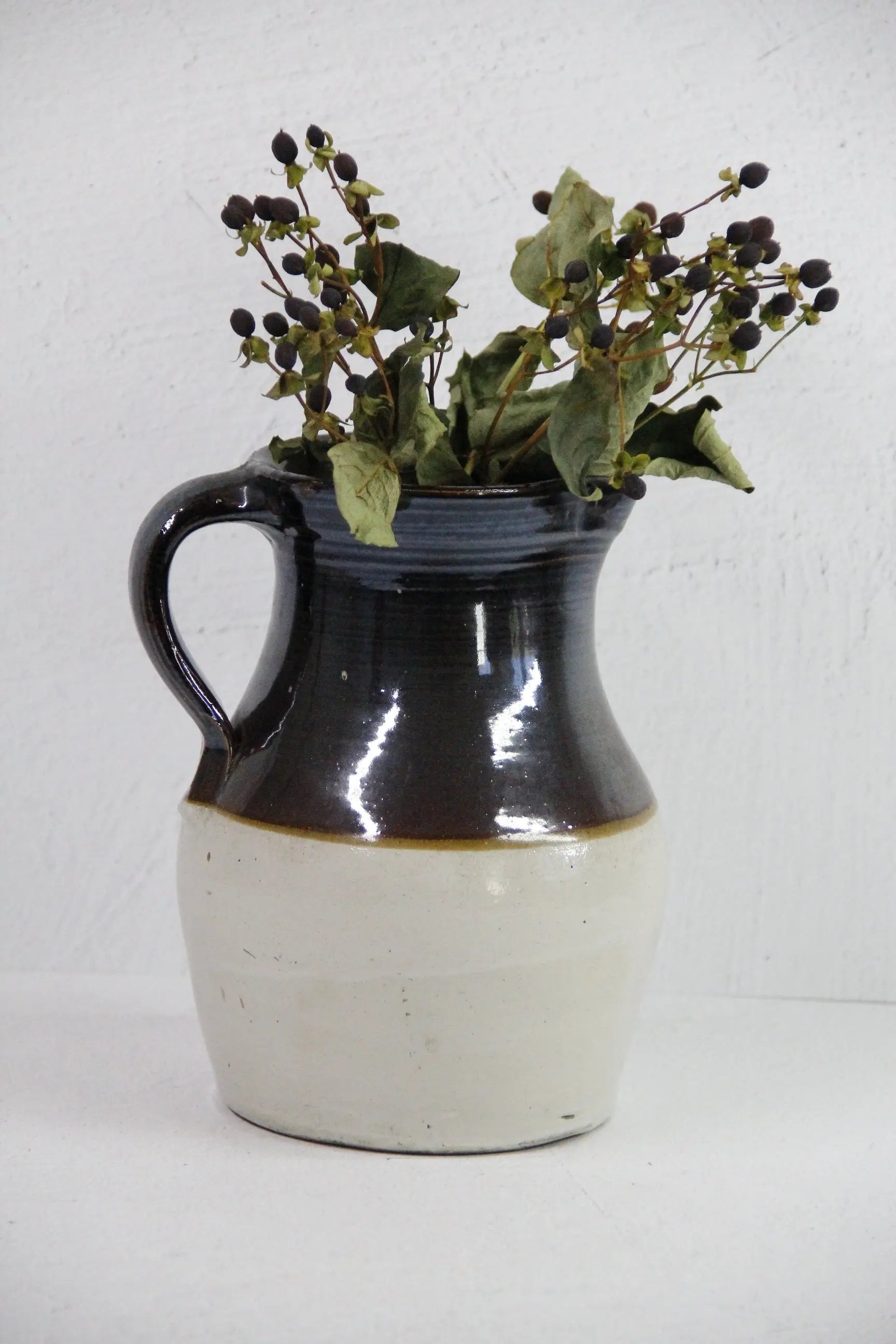 Antique Stoneware Pitcher | Rustic Early Two Tone Pitcher  Debra Hall Lifestyle