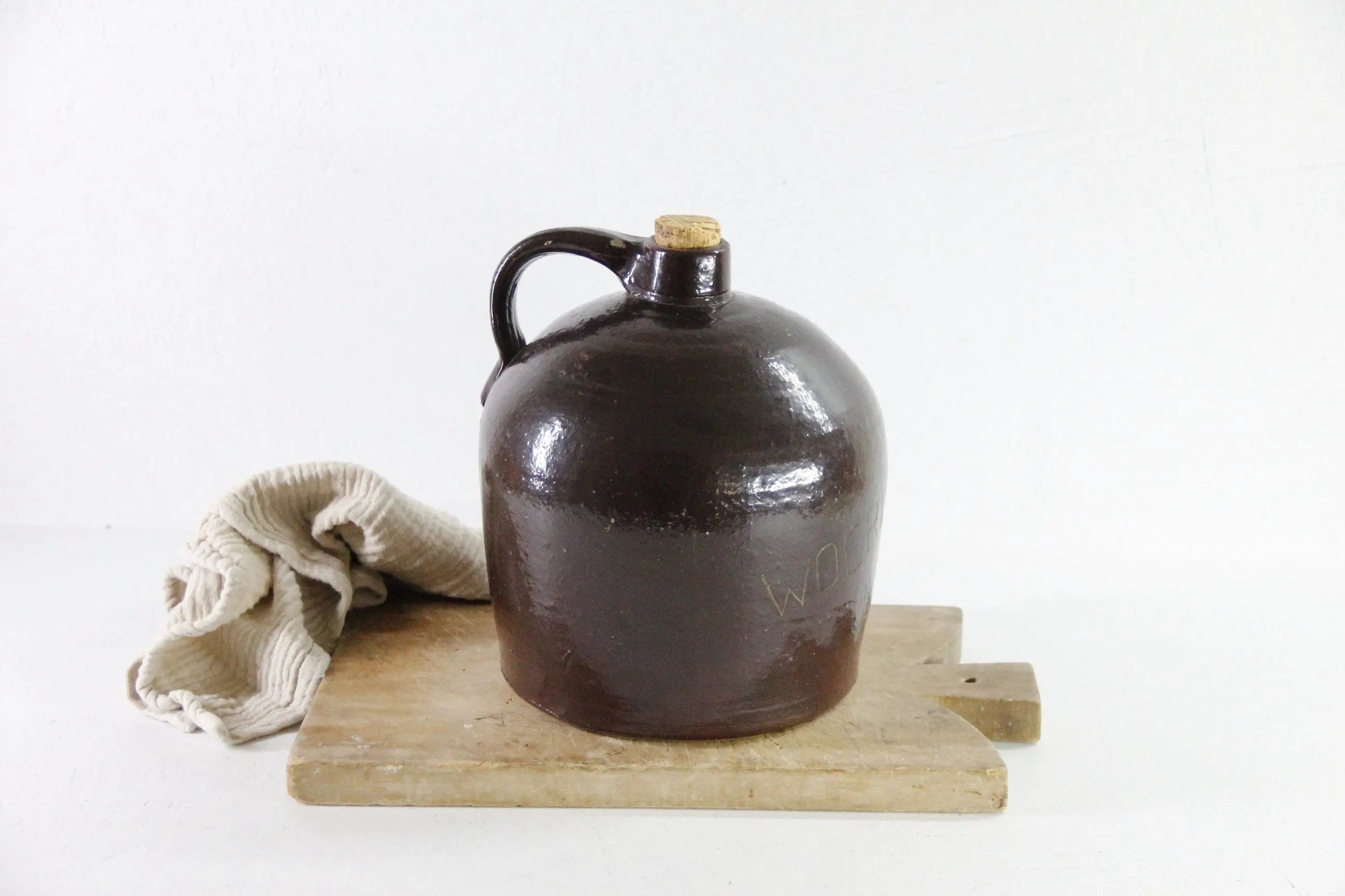 Antique Stoneware Whiskey Jug | Farmhouse Rich Dark Brown Pottery  Debra Hall Lifestyle