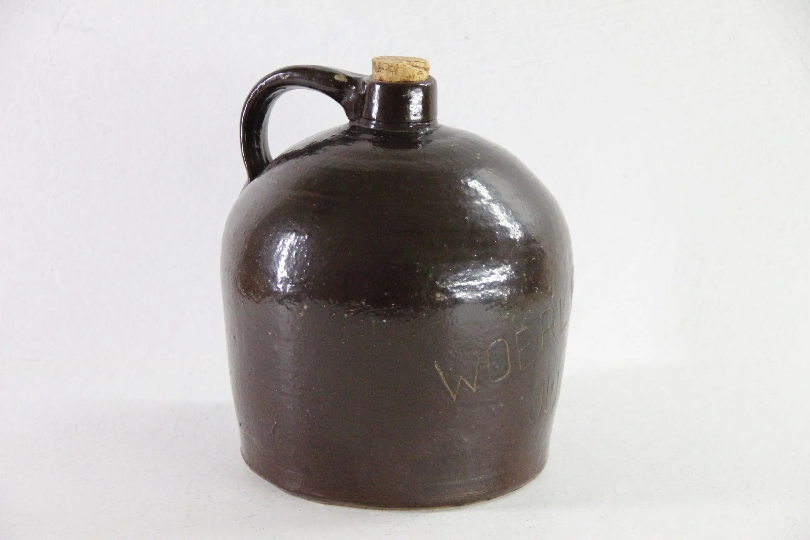 Antique Stoneware Whiskey Jug | Farmhouse Rich Dark Brown Pottery  Debra Hall Lifestyle