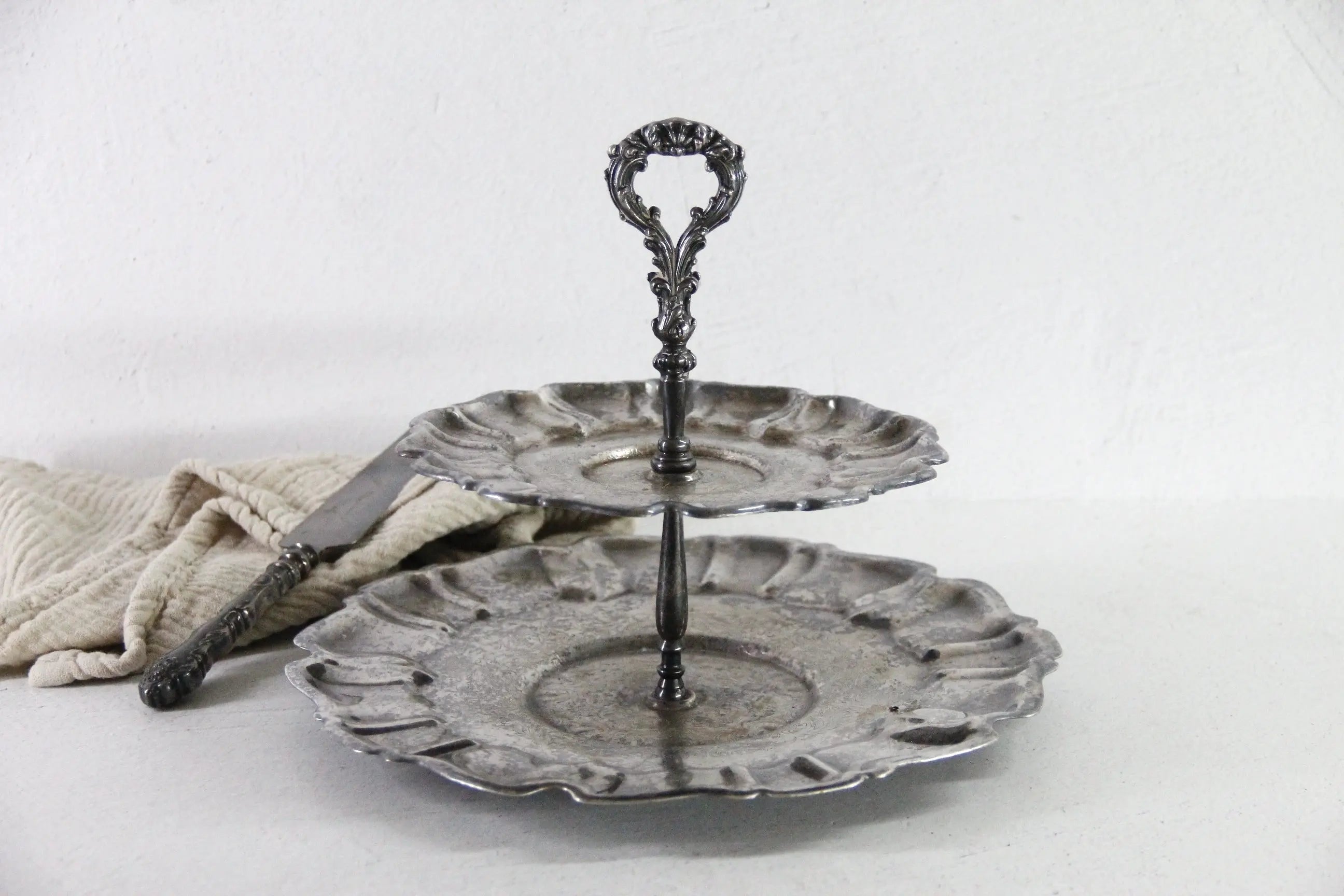 Antique Tiered Cake Stand | Silver 2 Tier Serving Tray Stamped  Debra Hall Lifestyle