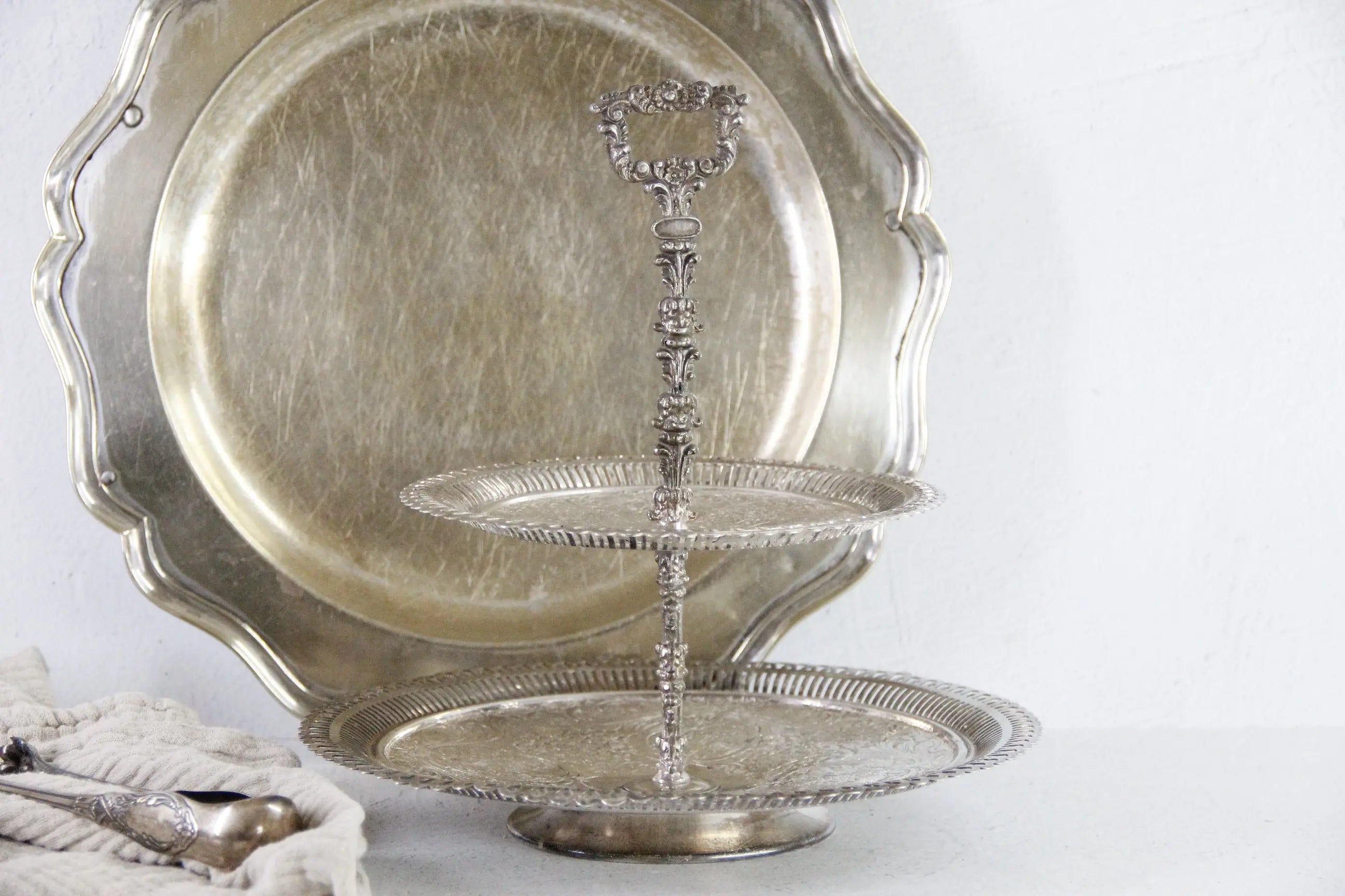Antique Tiered Cake Stand | Silver 2 Tier Serving Tray  Debra Hall Lifestyle