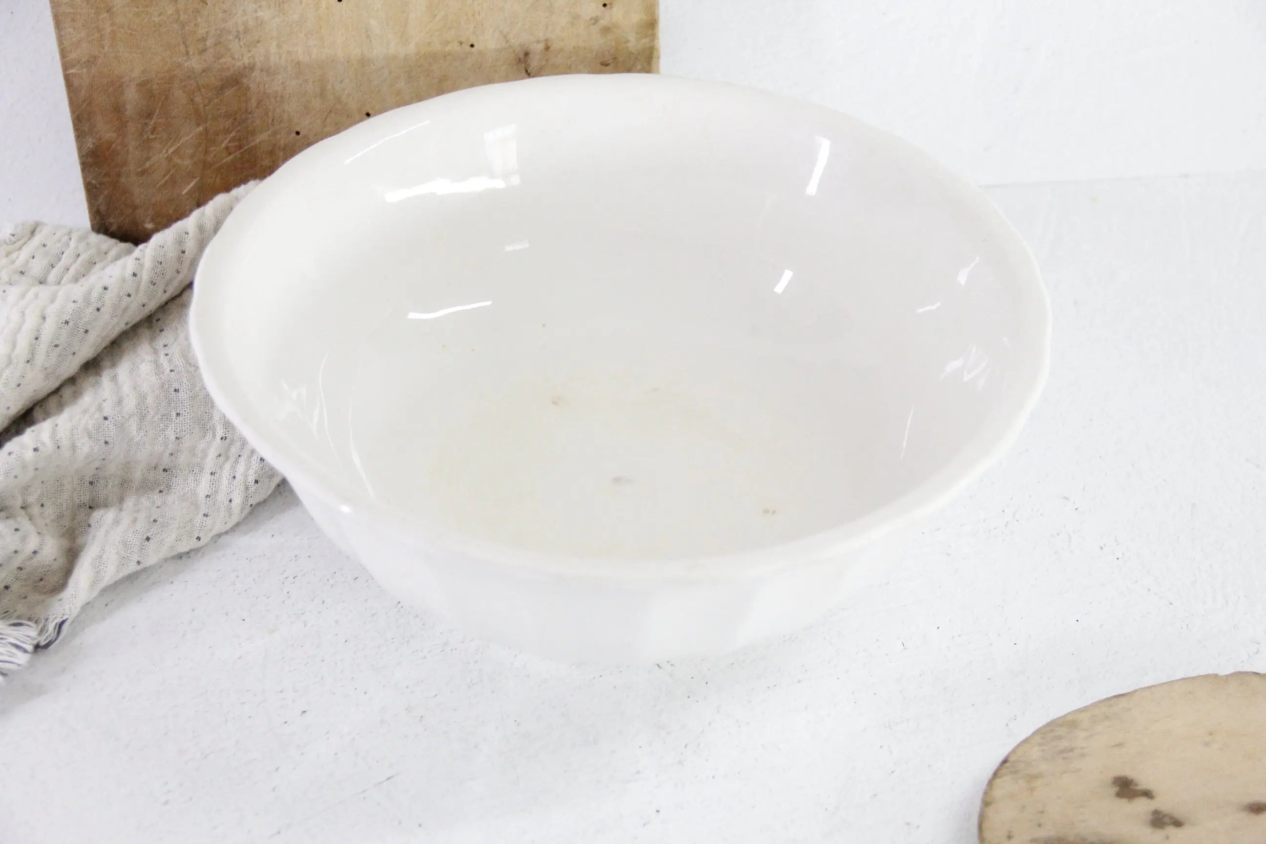 Antique White Ironstone Bowl Scalloped | Mixing Stamped KT&K  Debra Hall Lifestyle