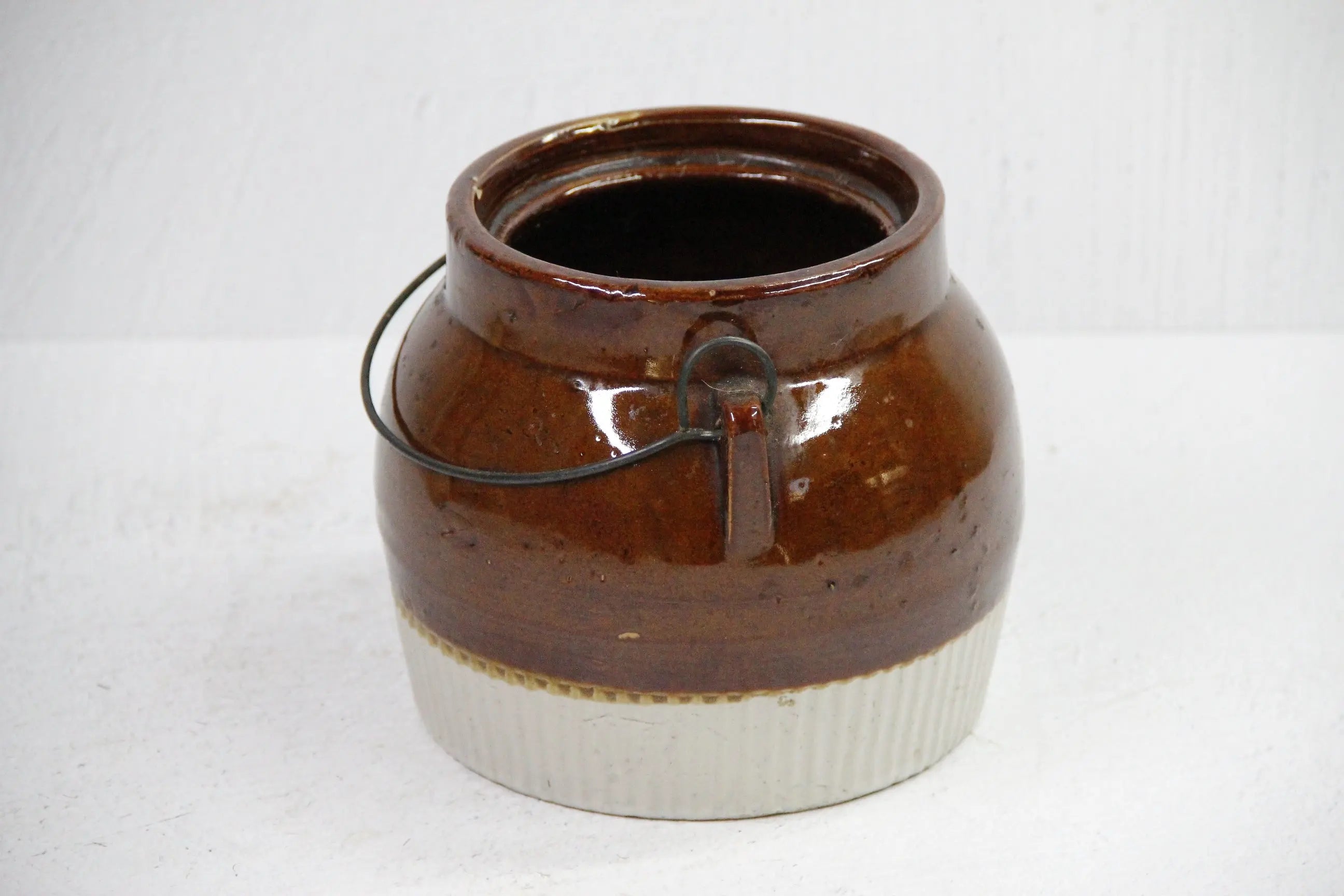 Antique Stoneware Crock | Brown Two Tone W/ Bail Handle  Debra Hall Lifestyle