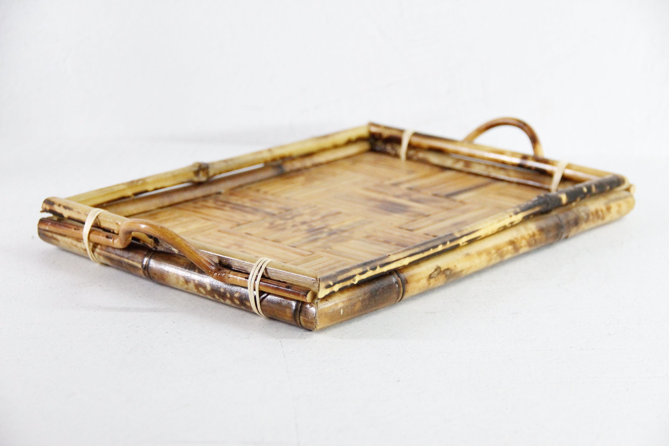 Vintage Bamboo Serving Tray with Handles | Burnt Tortoise