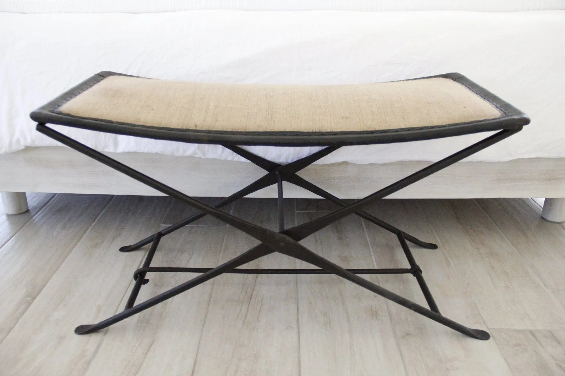 Black Iron Bench | Upholstered Black Leather & Burlap  Debra Hall Lifestyle