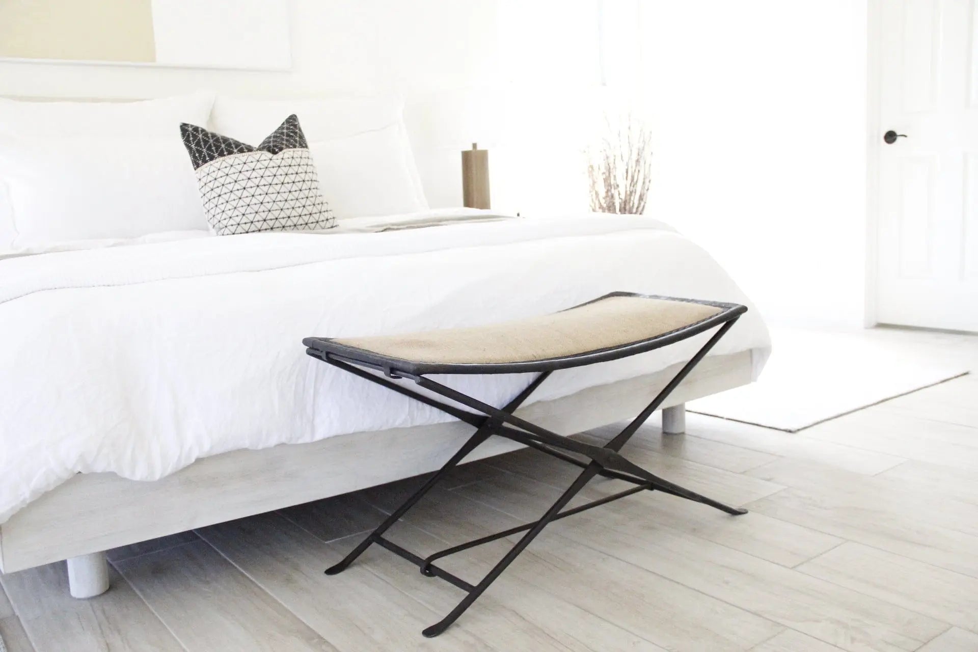 Black Iron Bench | Upholstered Black Leather & Burlap  Debra Hall Lifestyle