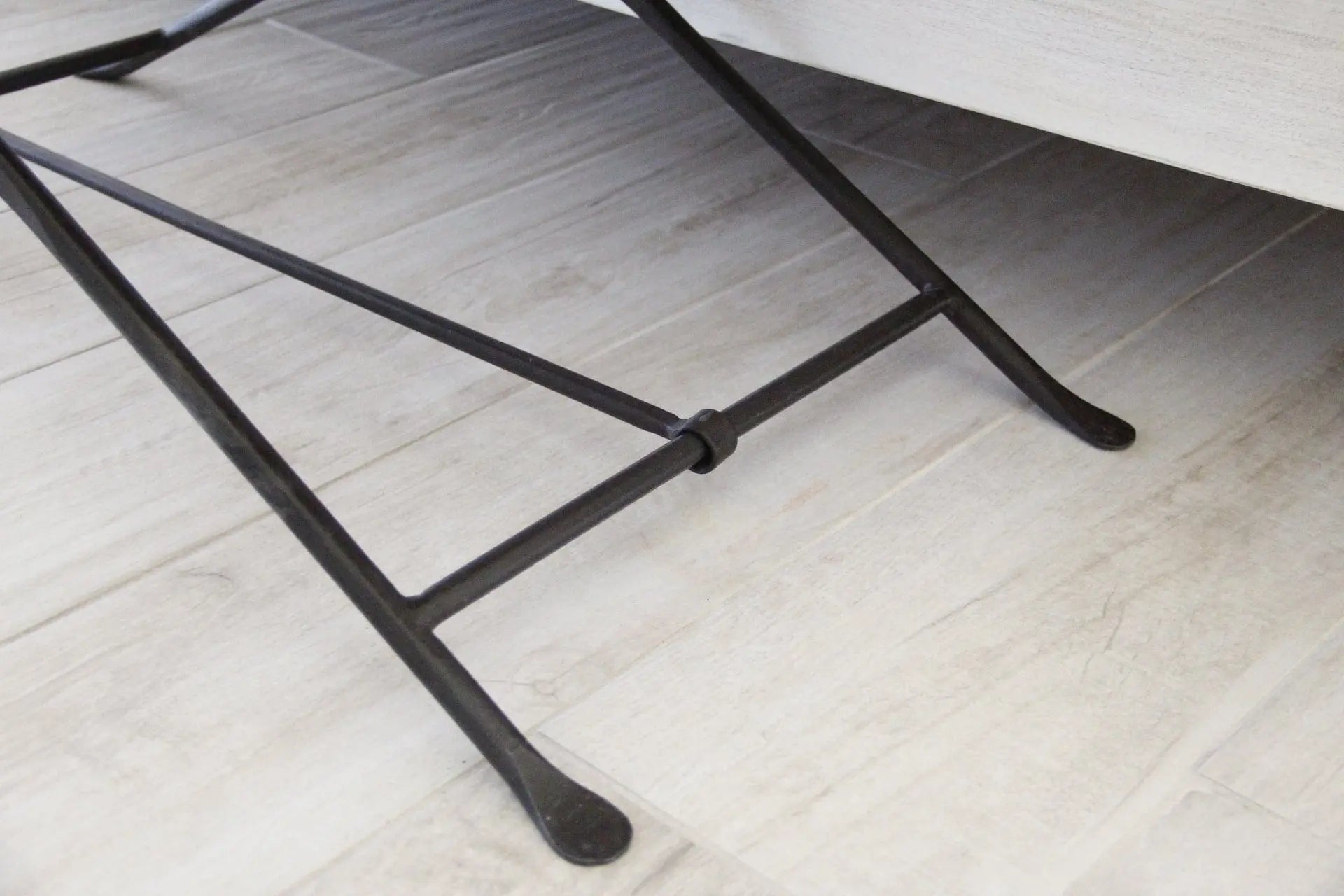 Black Iron Bench | Upholstered Black Leather & Burlap  Debra Hall Lifestyle