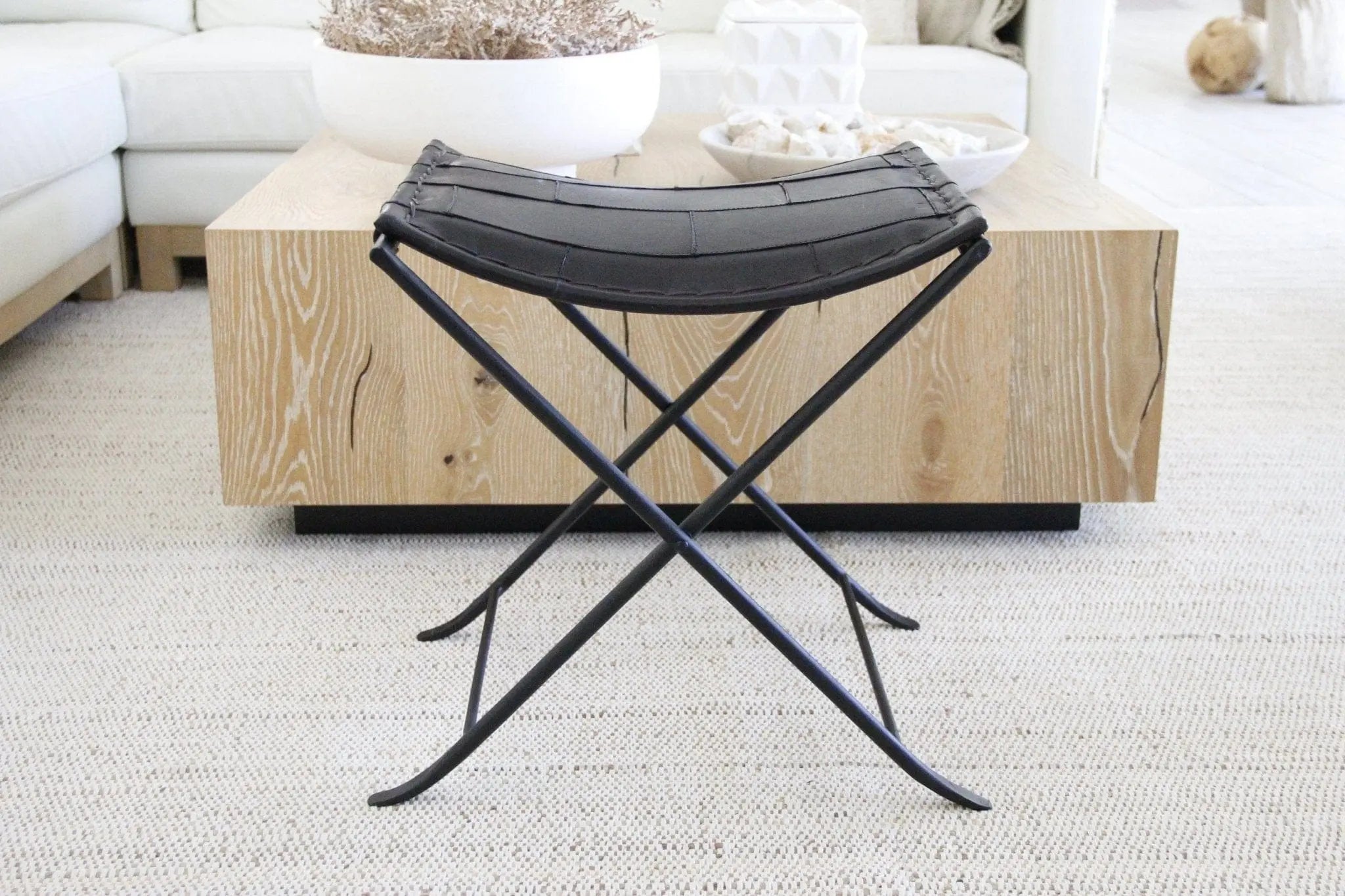 Black Iron and Leather Folding Bench | Upholstered  Debra Hall Lifestyle