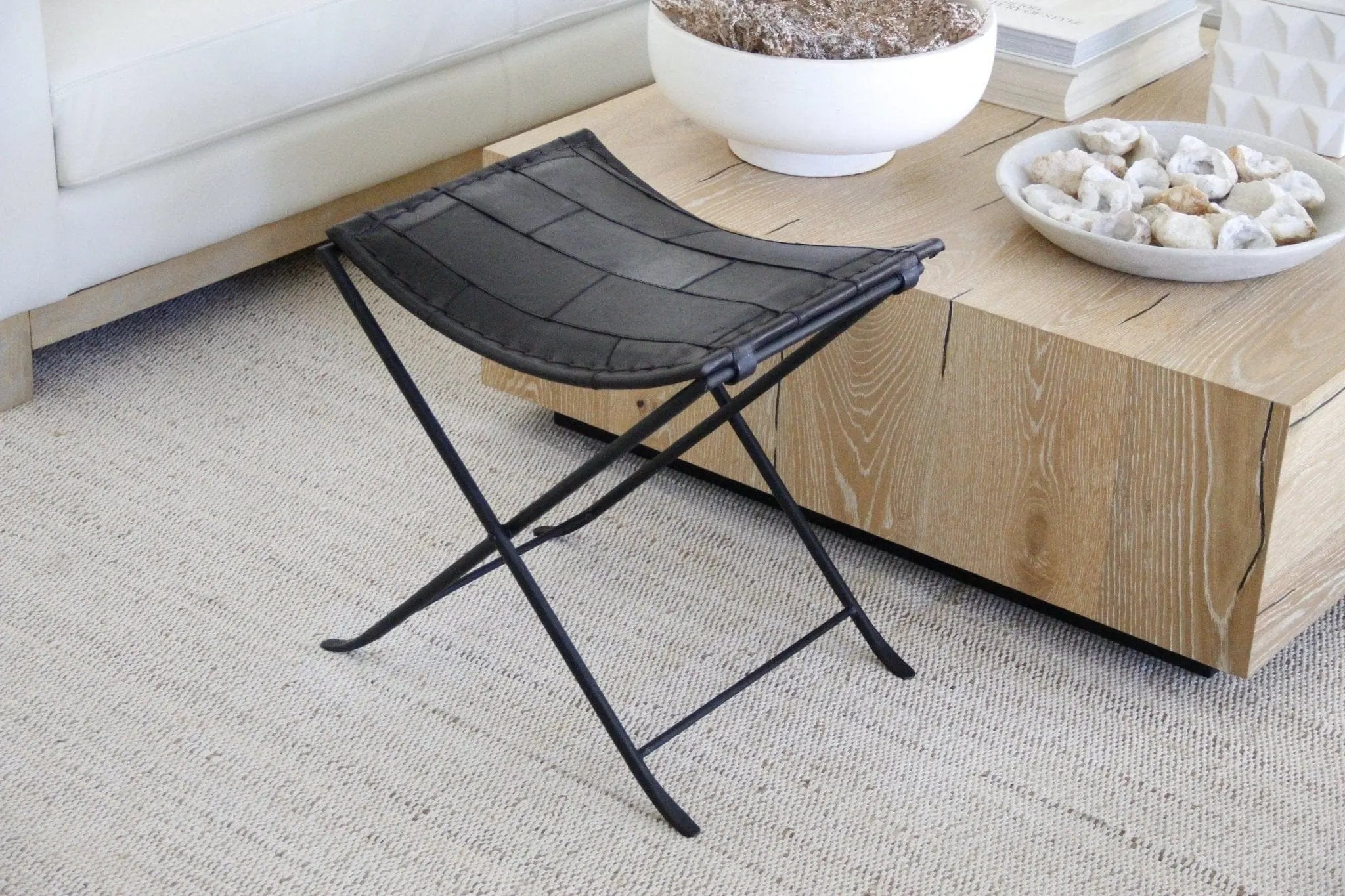 Black Iron and Leather Folding Bench | Upholstered  Debra Hall Lifestyle