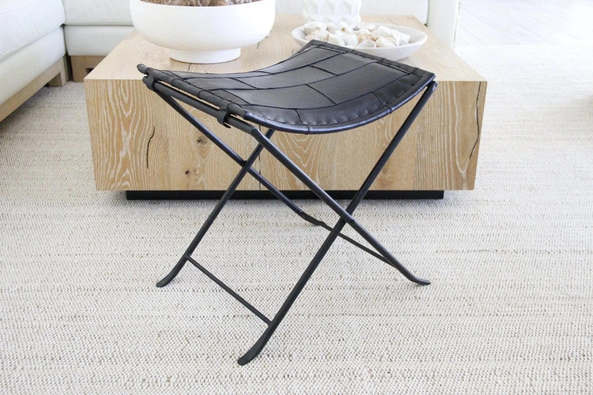 Black Iron and Leather Folding Bench | Upholstered  Debra Hall Lifestyle