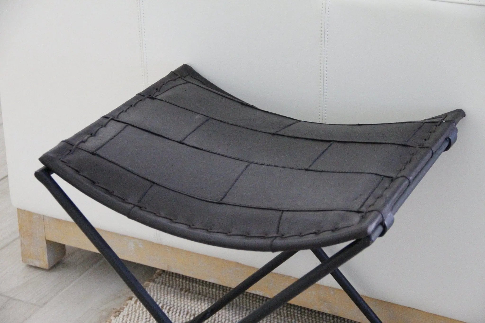 Black Iron and Leather Folding Bench | Upholstered  Debra Hall Lifestyle