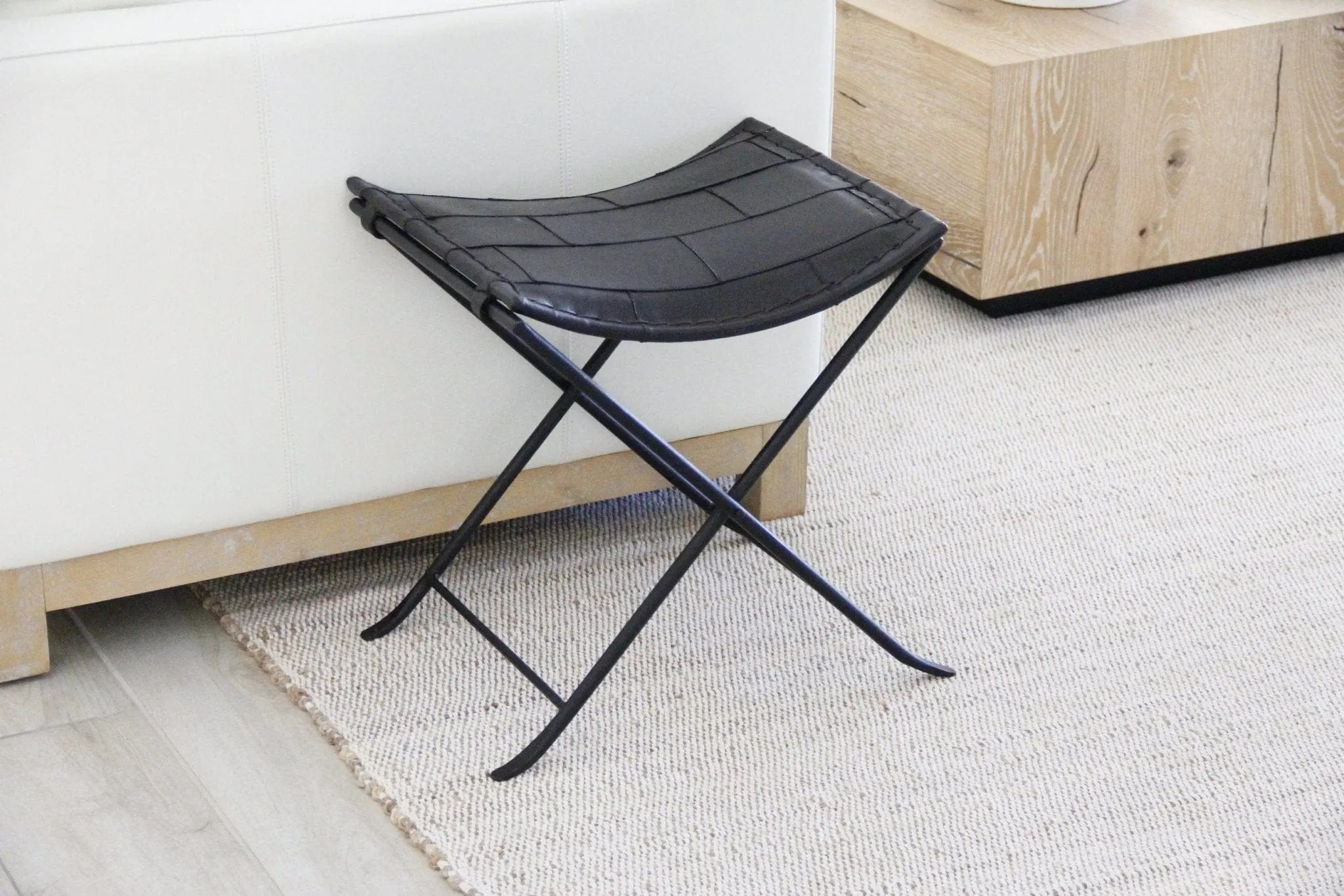 Black Iron and Leather Folding Bench | Upholstered  Debra Hall Lifestyle