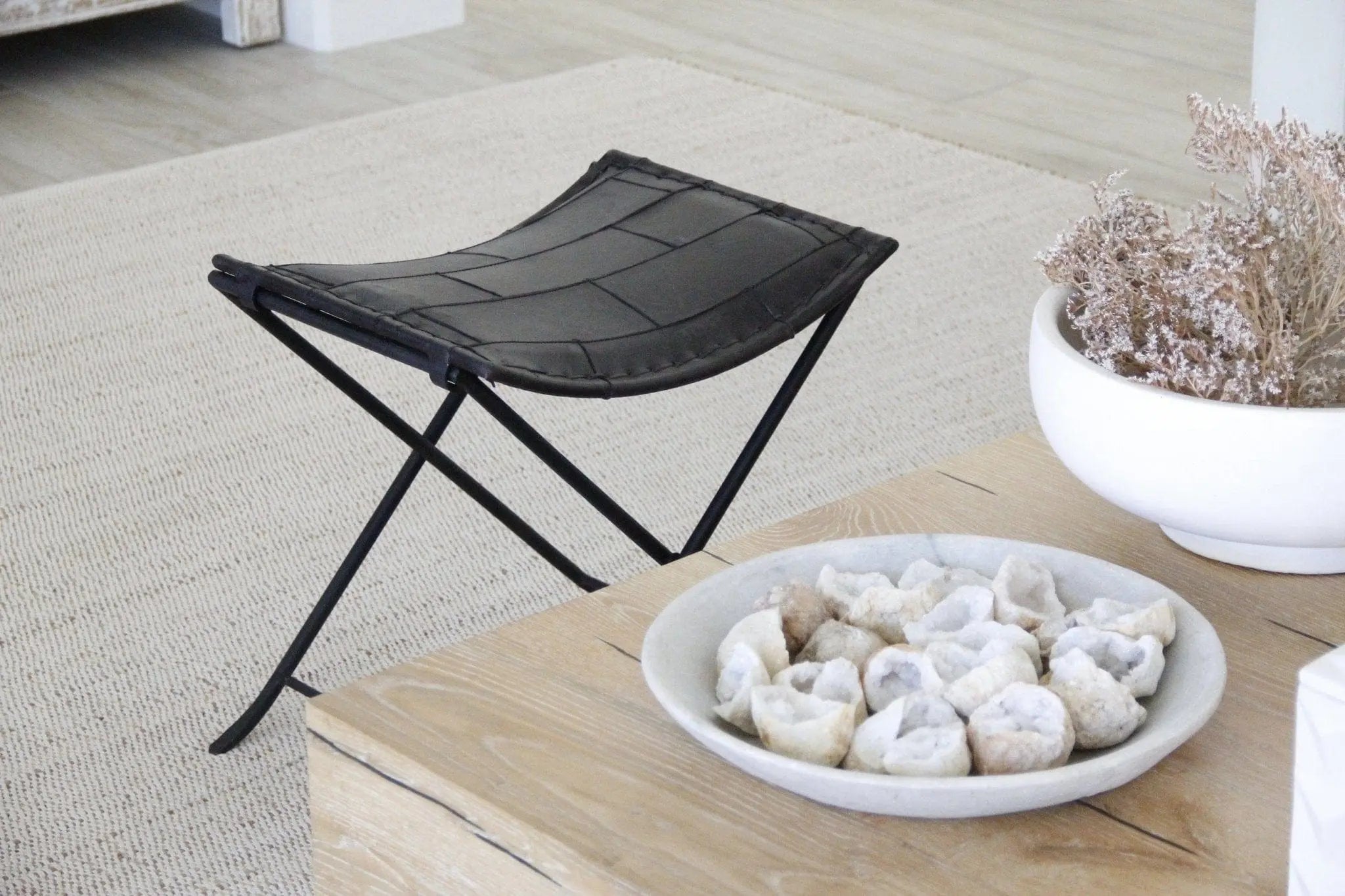 Black Iron and Leather Folding Bench | Upholstered  Debra Hall Lifestyle