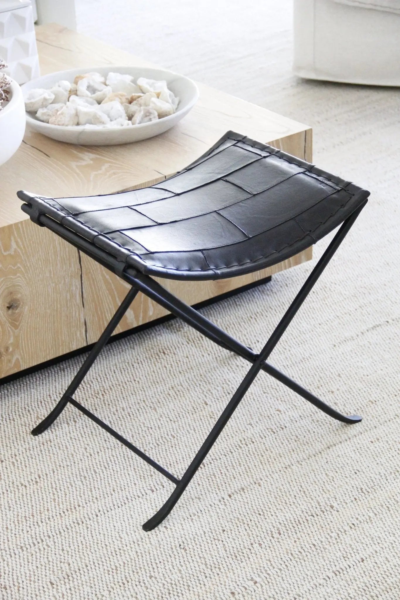 Black Iron and Leather Folding Bench | Upholstered  Debra Hall Lifestyle