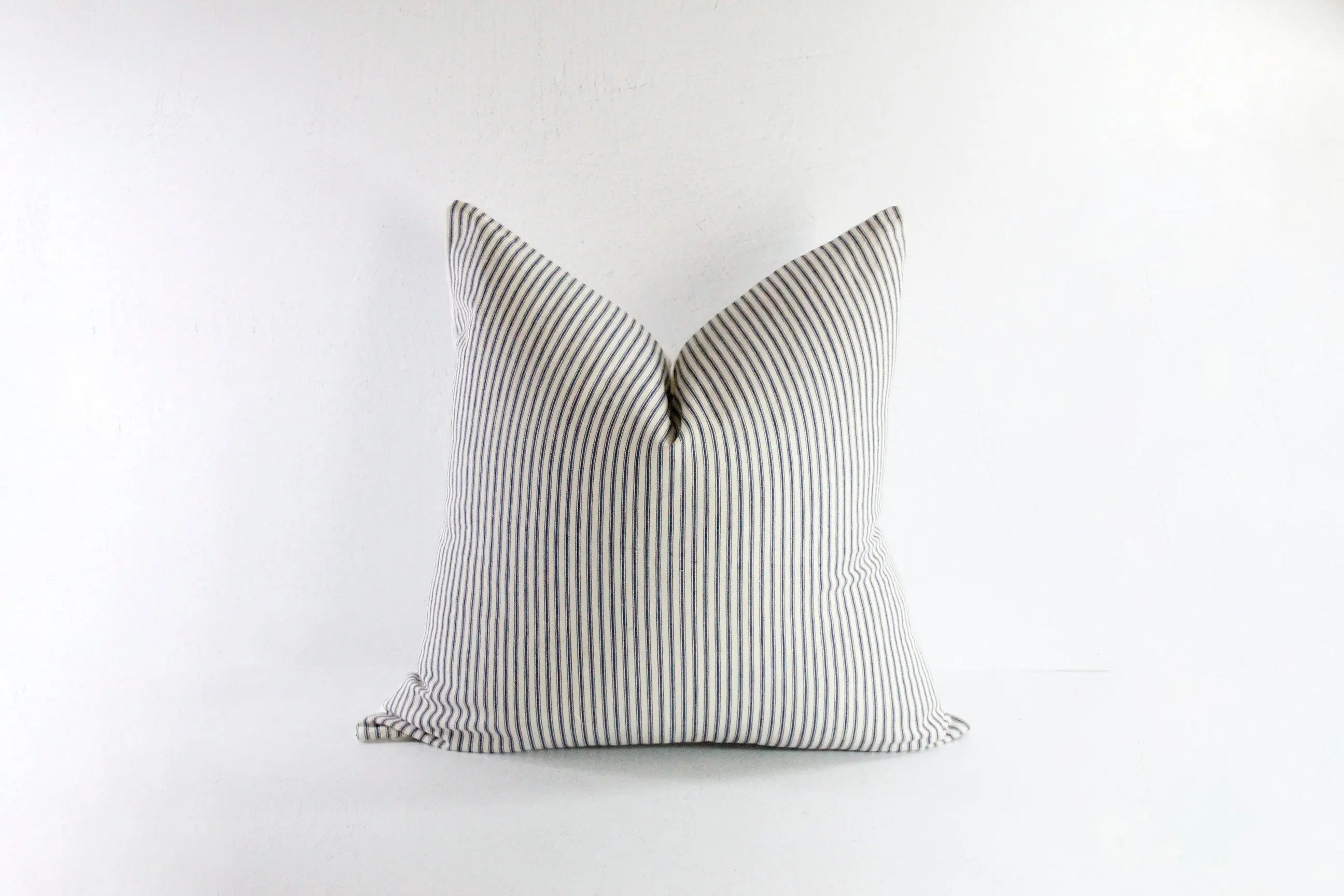 Blue Ticking Stripe Pillow | Antique French Blue and Cream Cover  Debra Hall Lifestyle