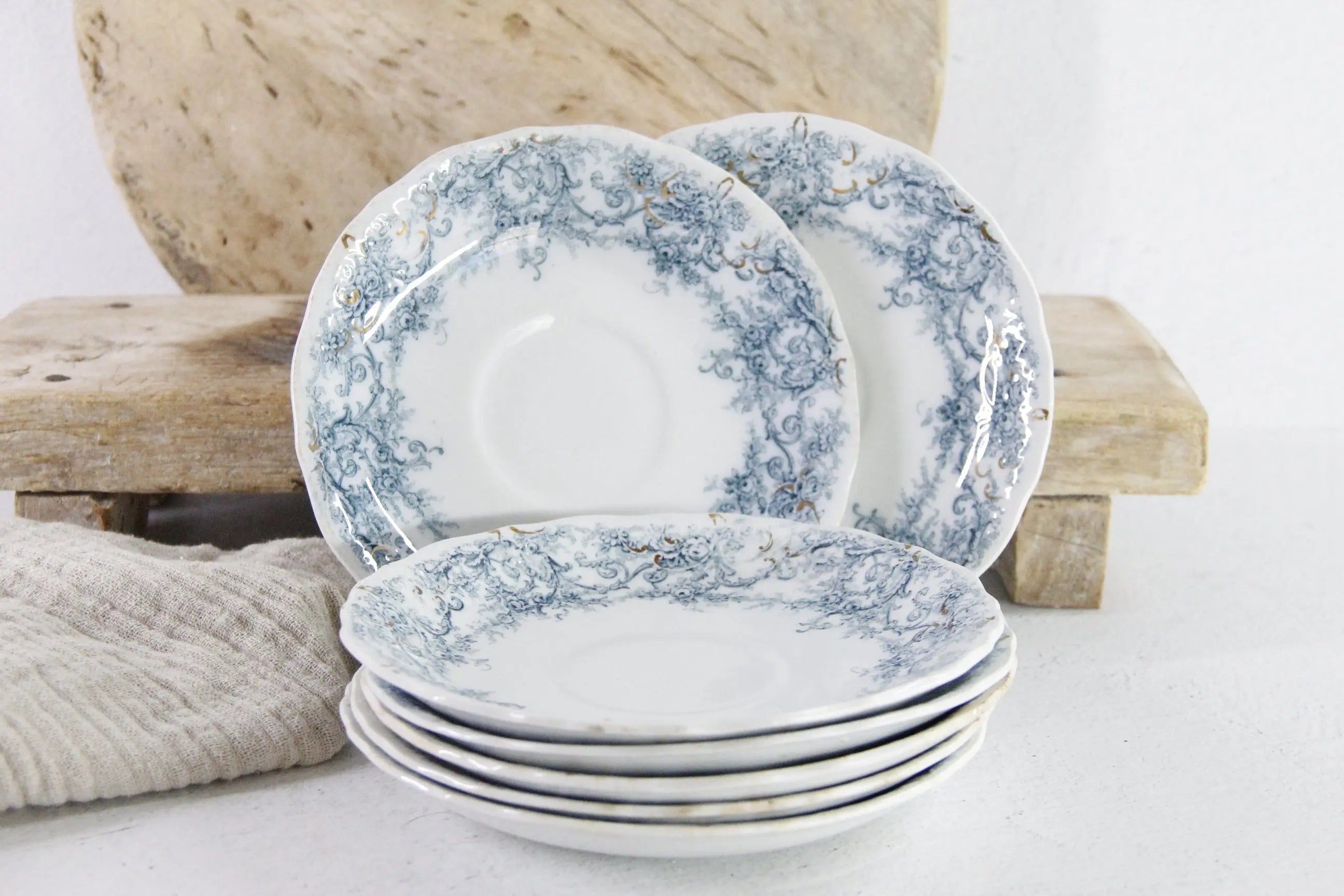 Blue Transferware Plate | 7 Antique Pale Rochester Saucers