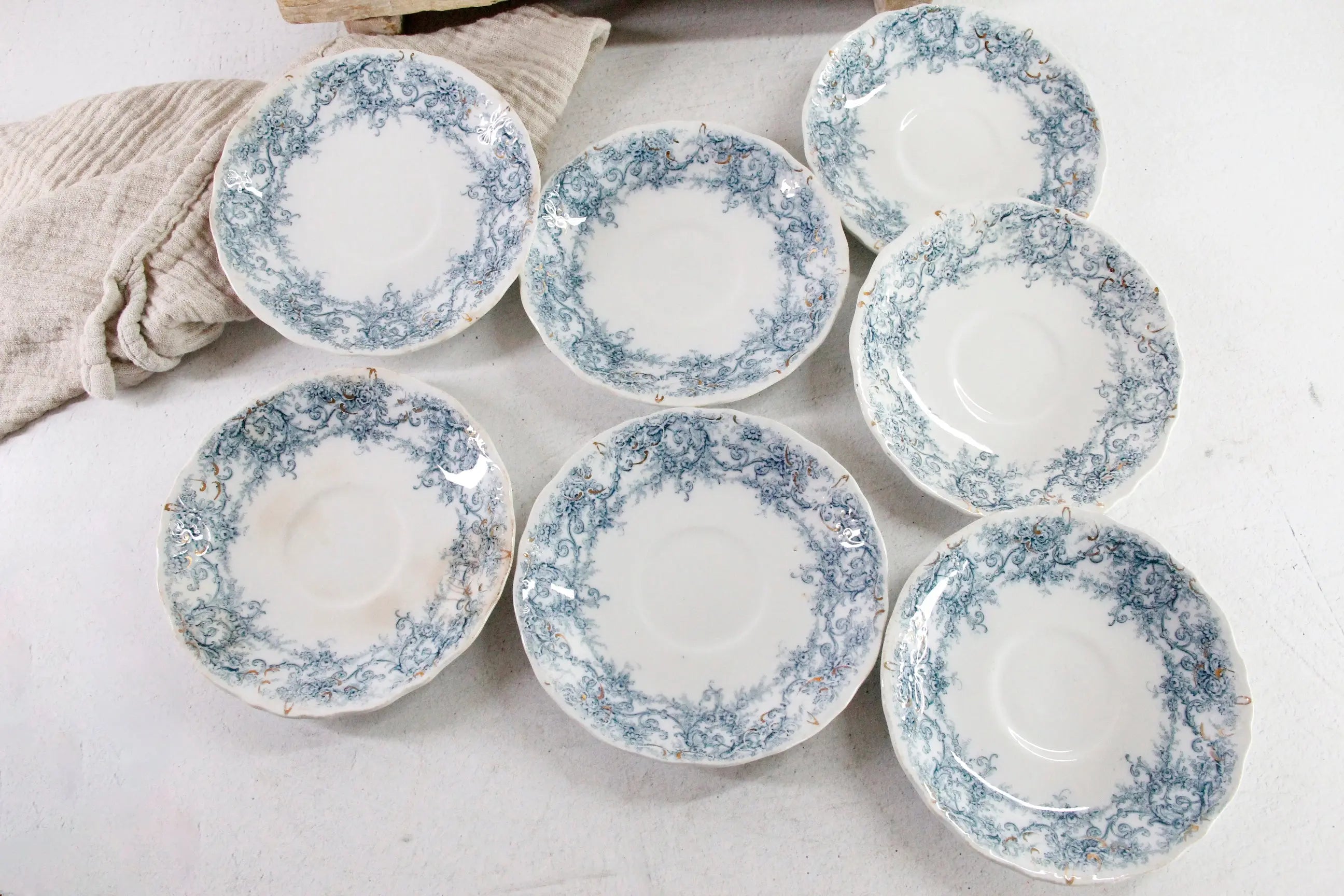 Blue Transferware Plate | 7 Antique Pale Rochester Saucers