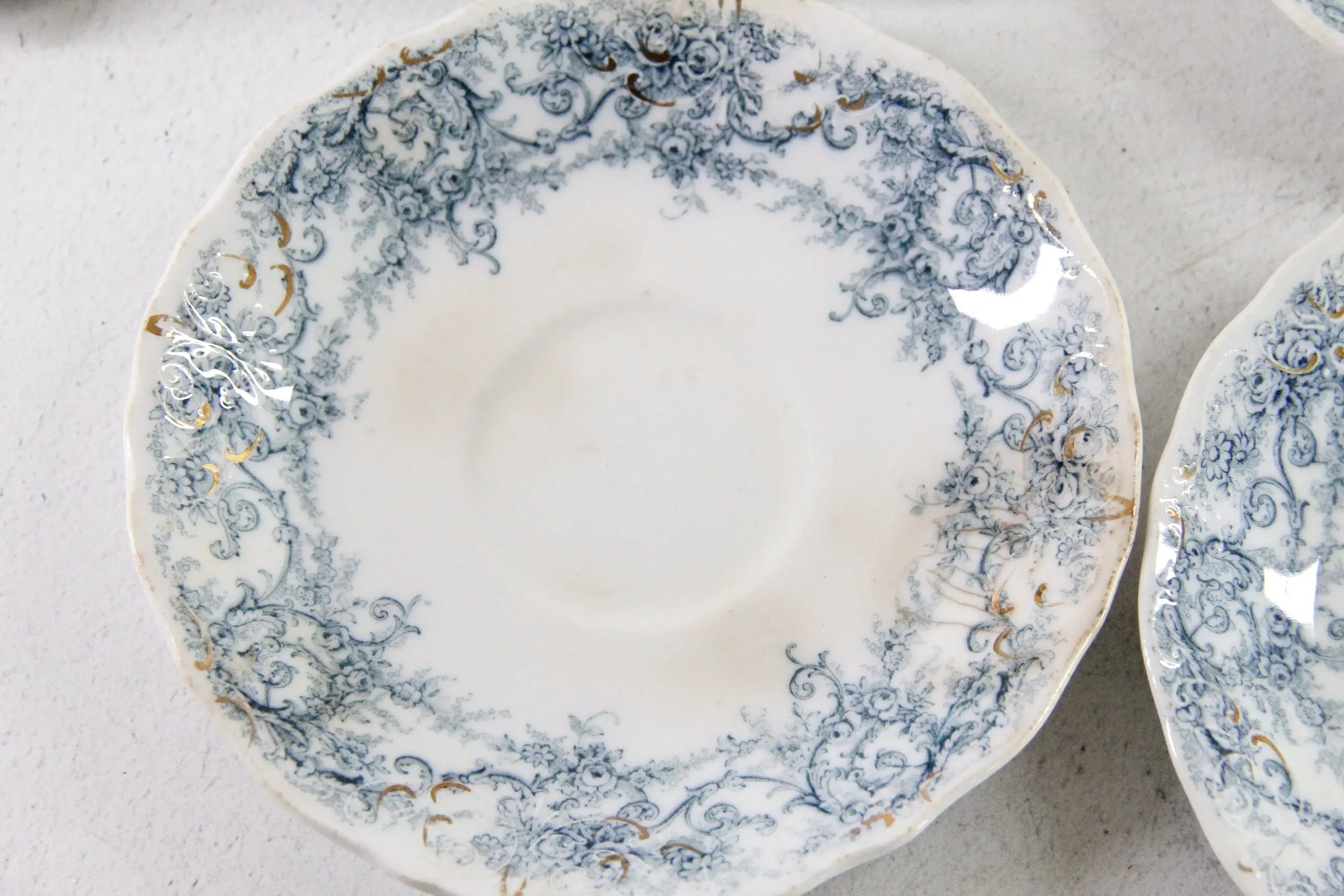 Blue Transferware Plate | 7 Antique Pale Rochester Saucers