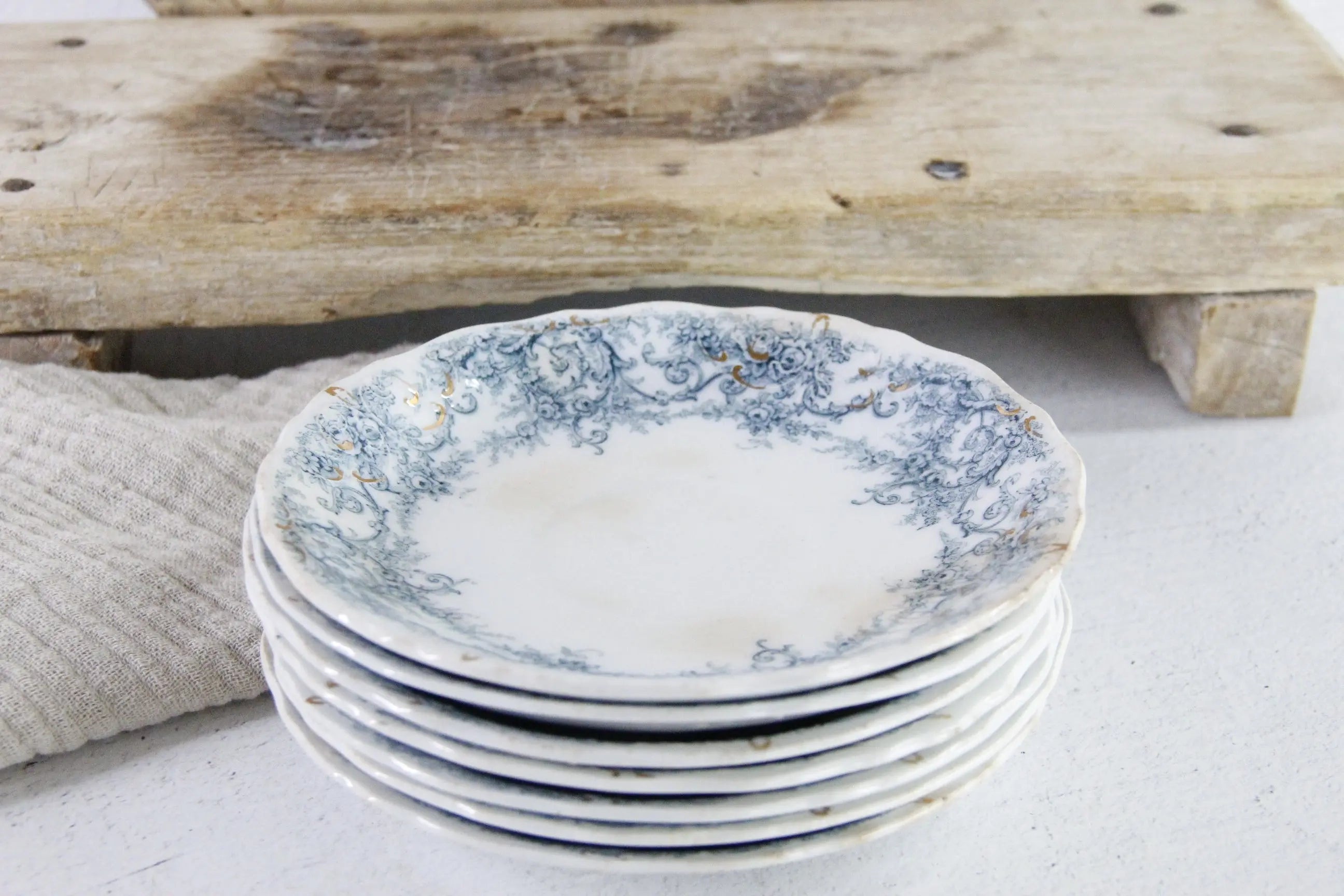 Blue Transferware Plate | 7 Antique Pale Rochester Saucers