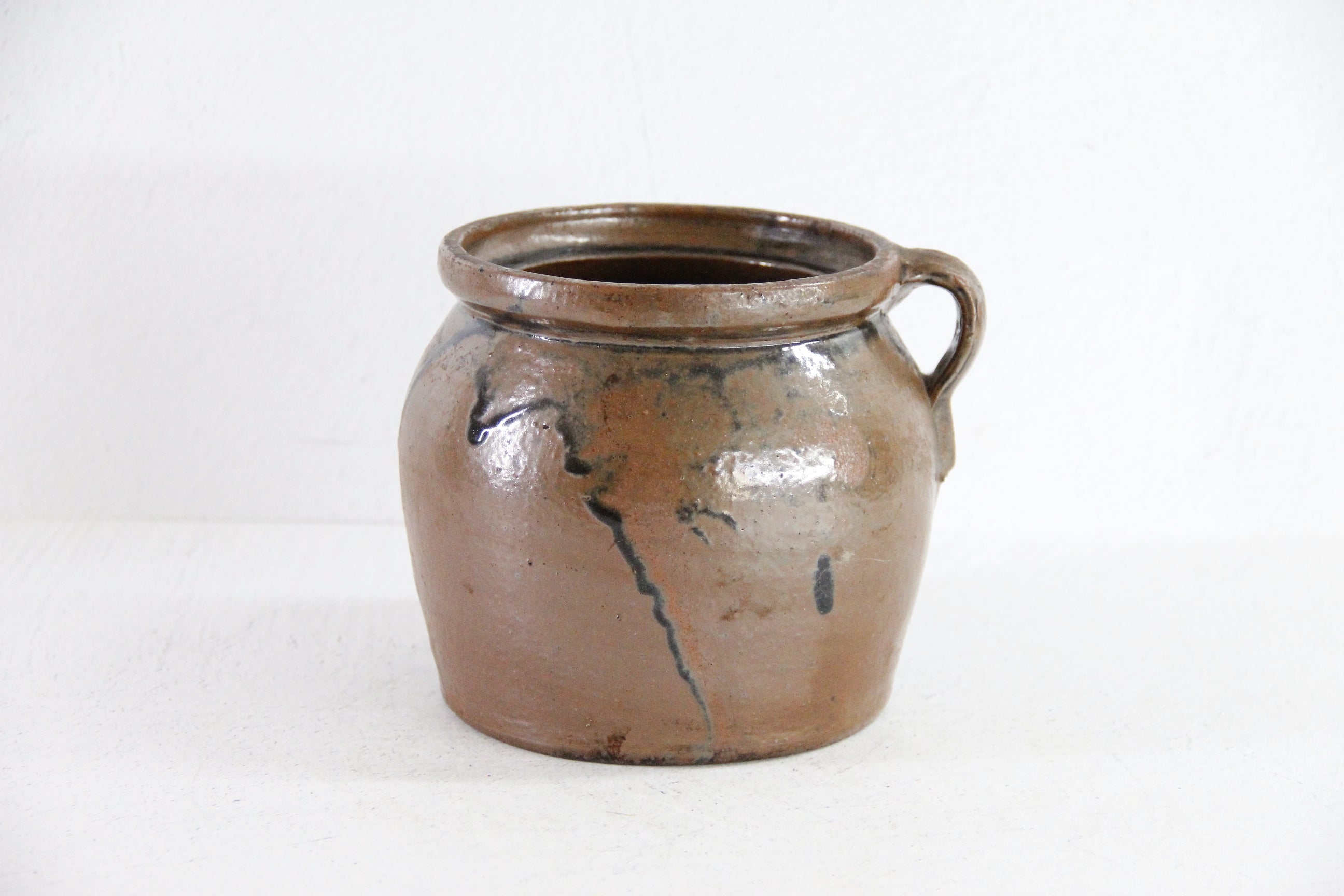 Antique Stoneware Pot | Americana Drip Glaze Crock W/Handle