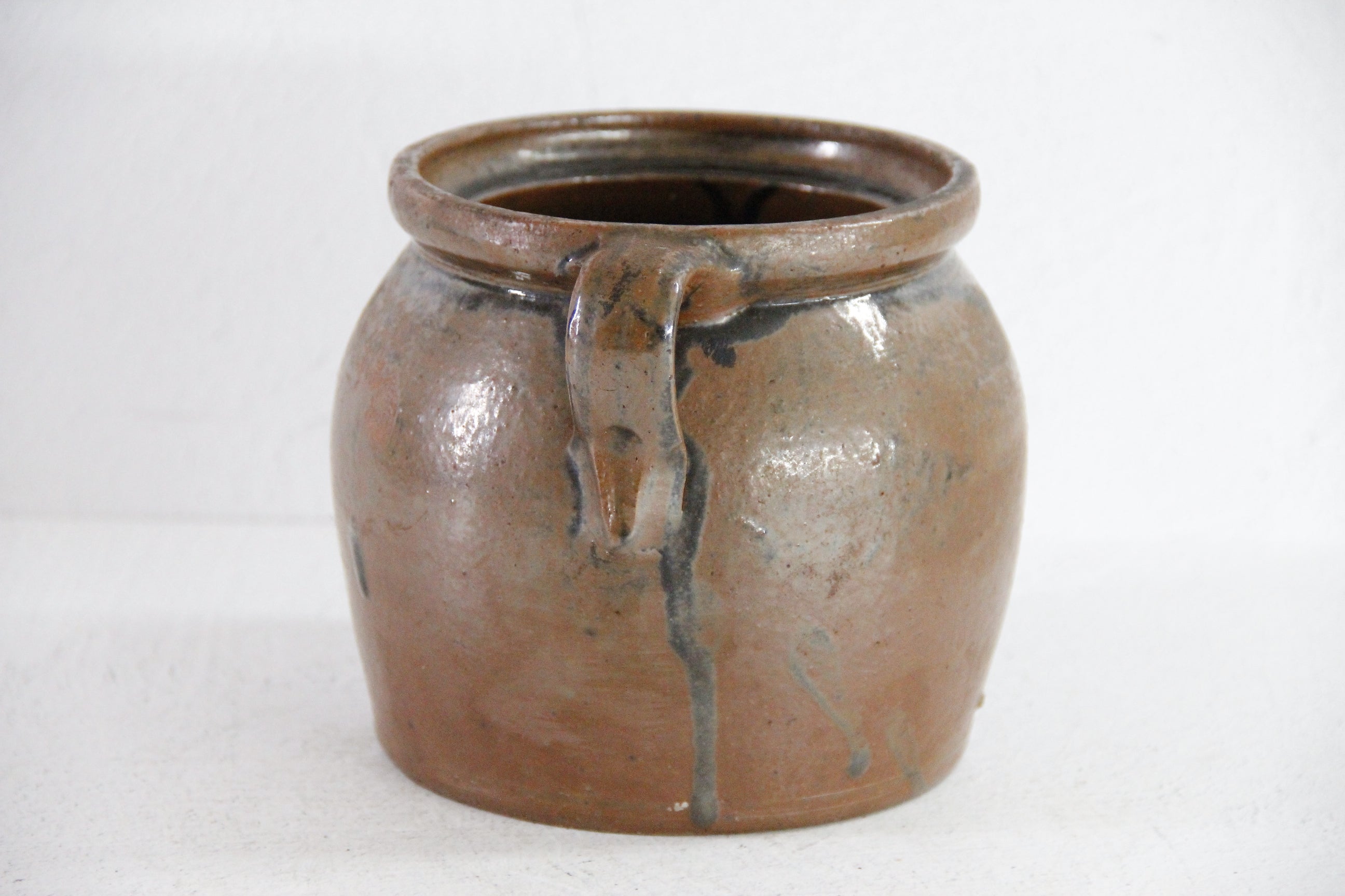 Antique Stoneware Pot | Americana Drip Glaze Crock W/Handle