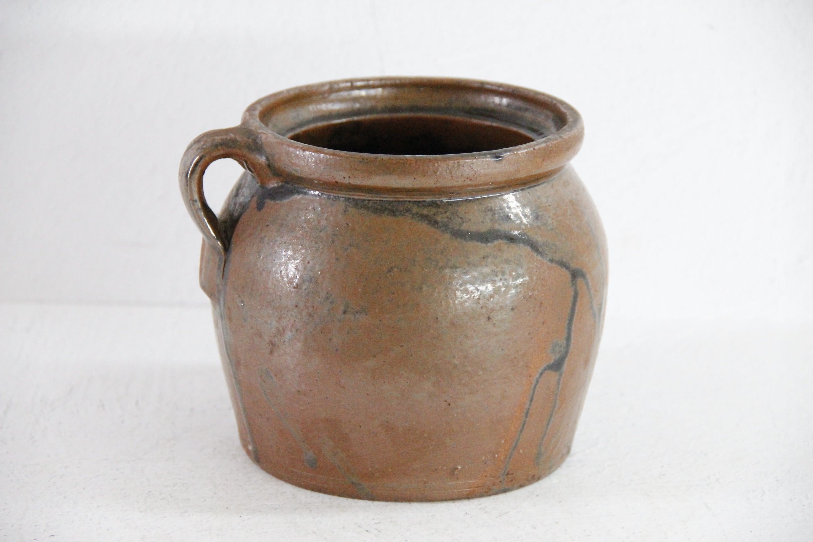 Antique Stoneware Pot | Americana Drip Glaze Crock W/Handle