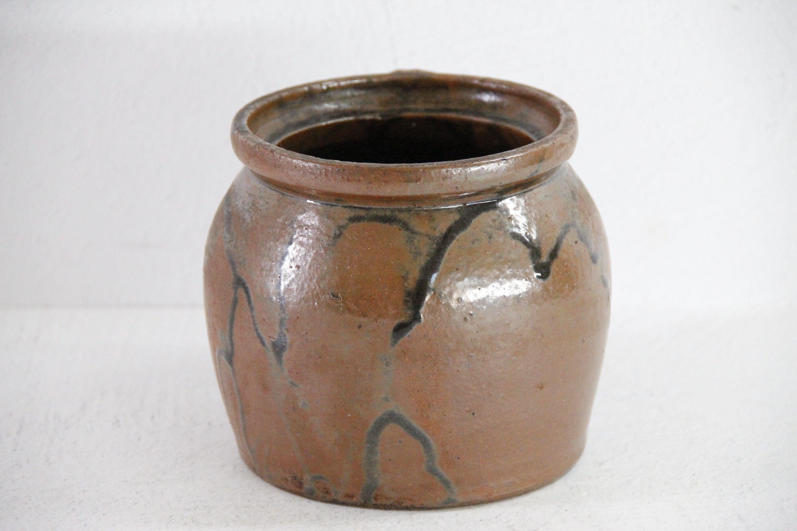 Antique Stoneware Pot | Americana Drip Glaze Crock W/Handle