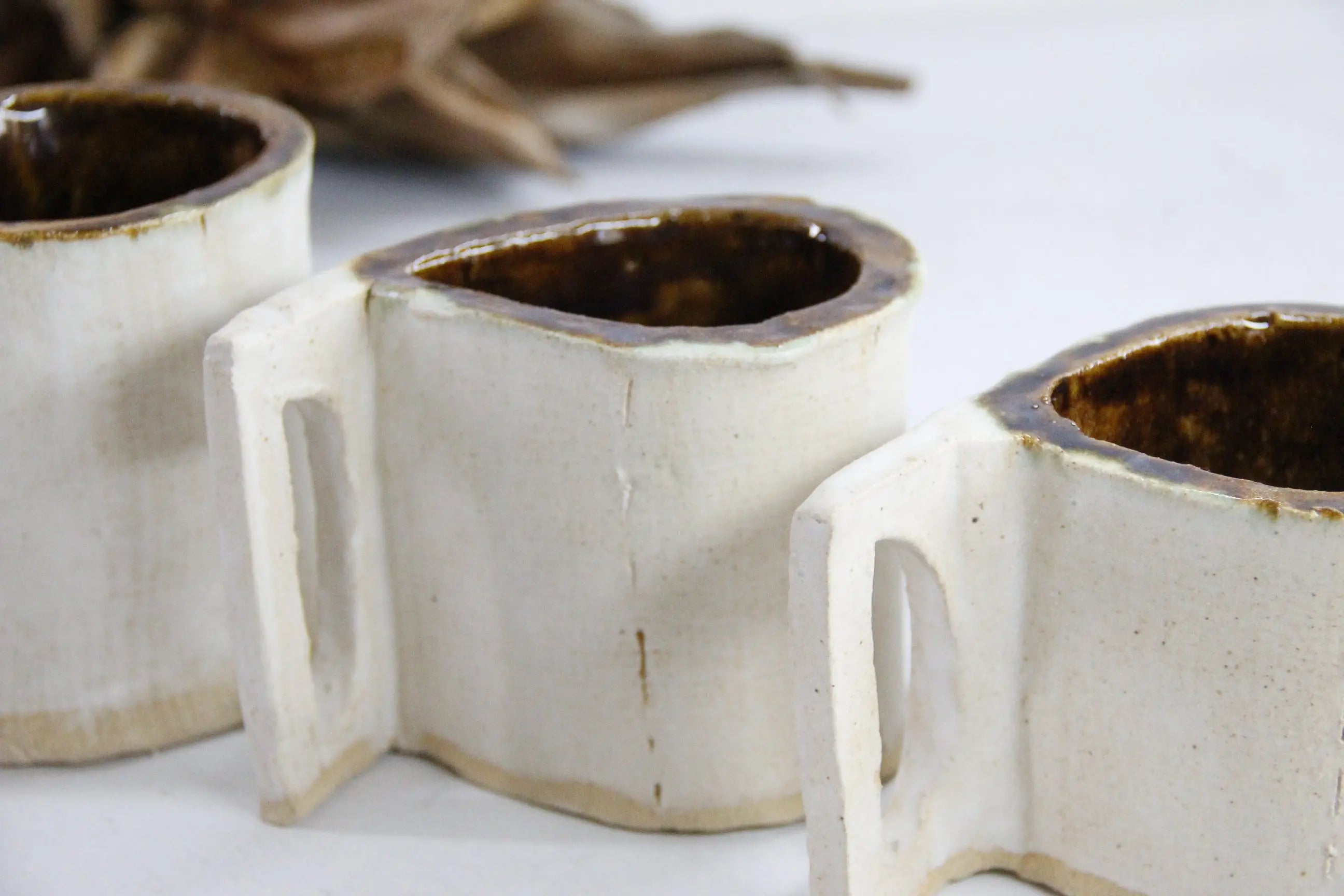 Brutalist Pottery Mugs Vintage | Matte White Studio Art  Debra Hall Lifestyle