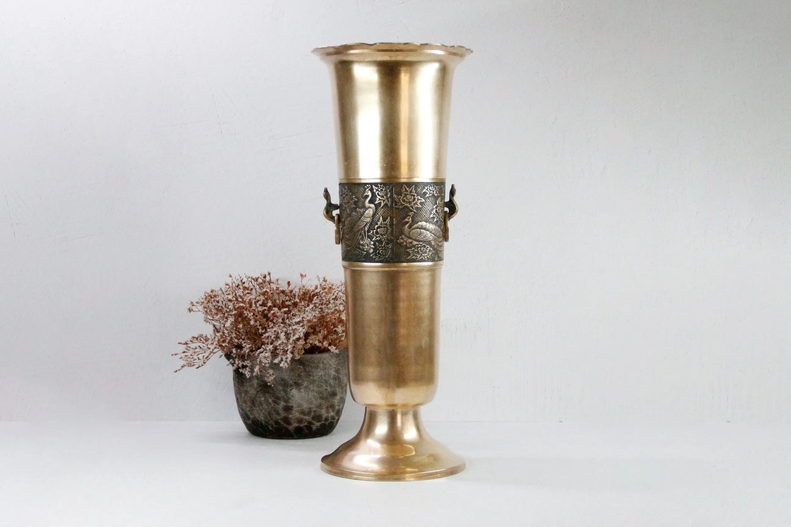 Vintage Brass Umbrella Stand-Peacock Handle/Embossed  Debra Hall Lifestyle