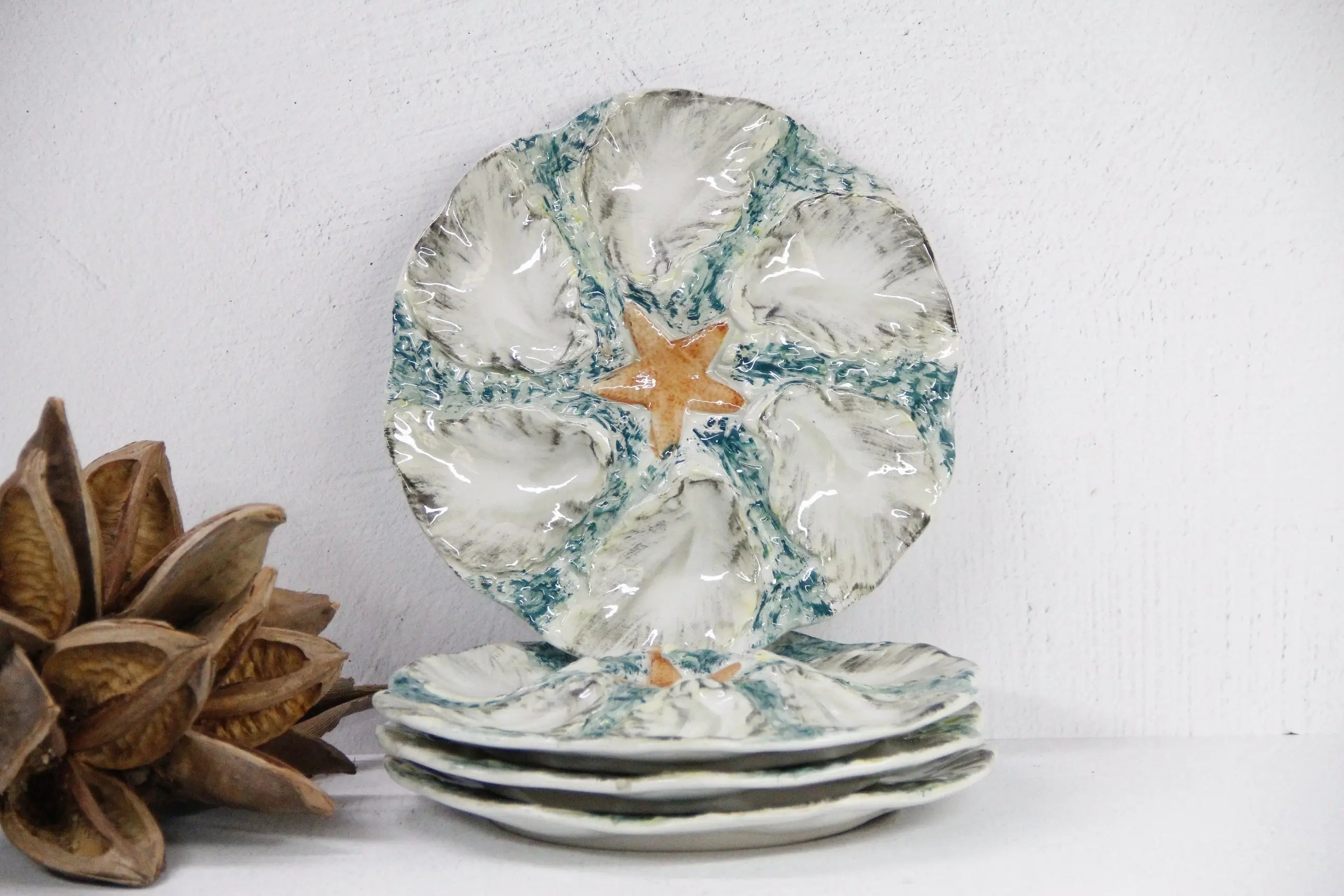 Majolica Oyster Plate-French Blue/Green Starfish 2 Pcs.  Debra Hall Lifestyle