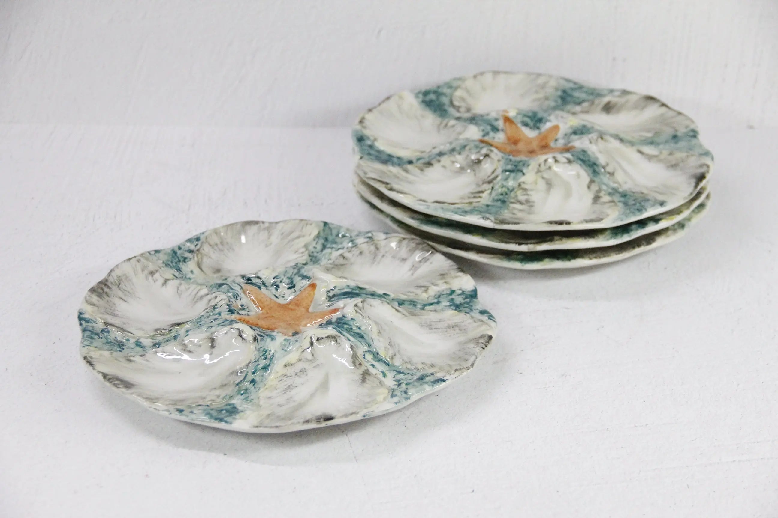 Majolica Oyster Plate-French Blue/Green Starfish 2 Pcs.  Debra Hall Lifestyle