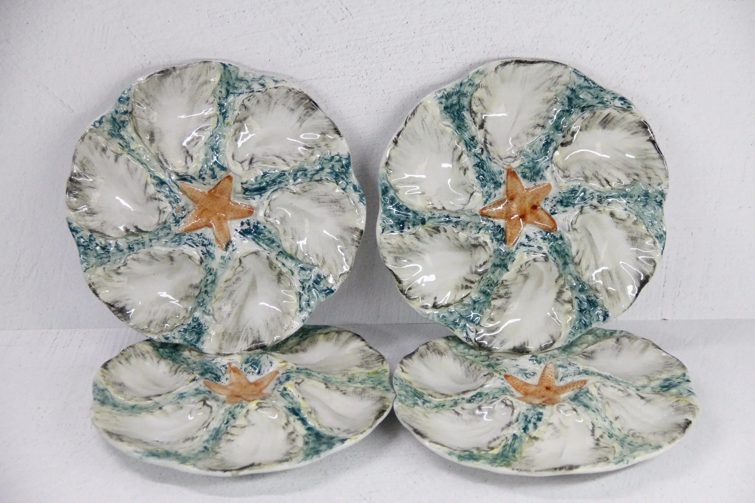 Majolica Oyster Plate-French Blue/Green Starfish 2 Pcs.  Debra Hall Lifestyle