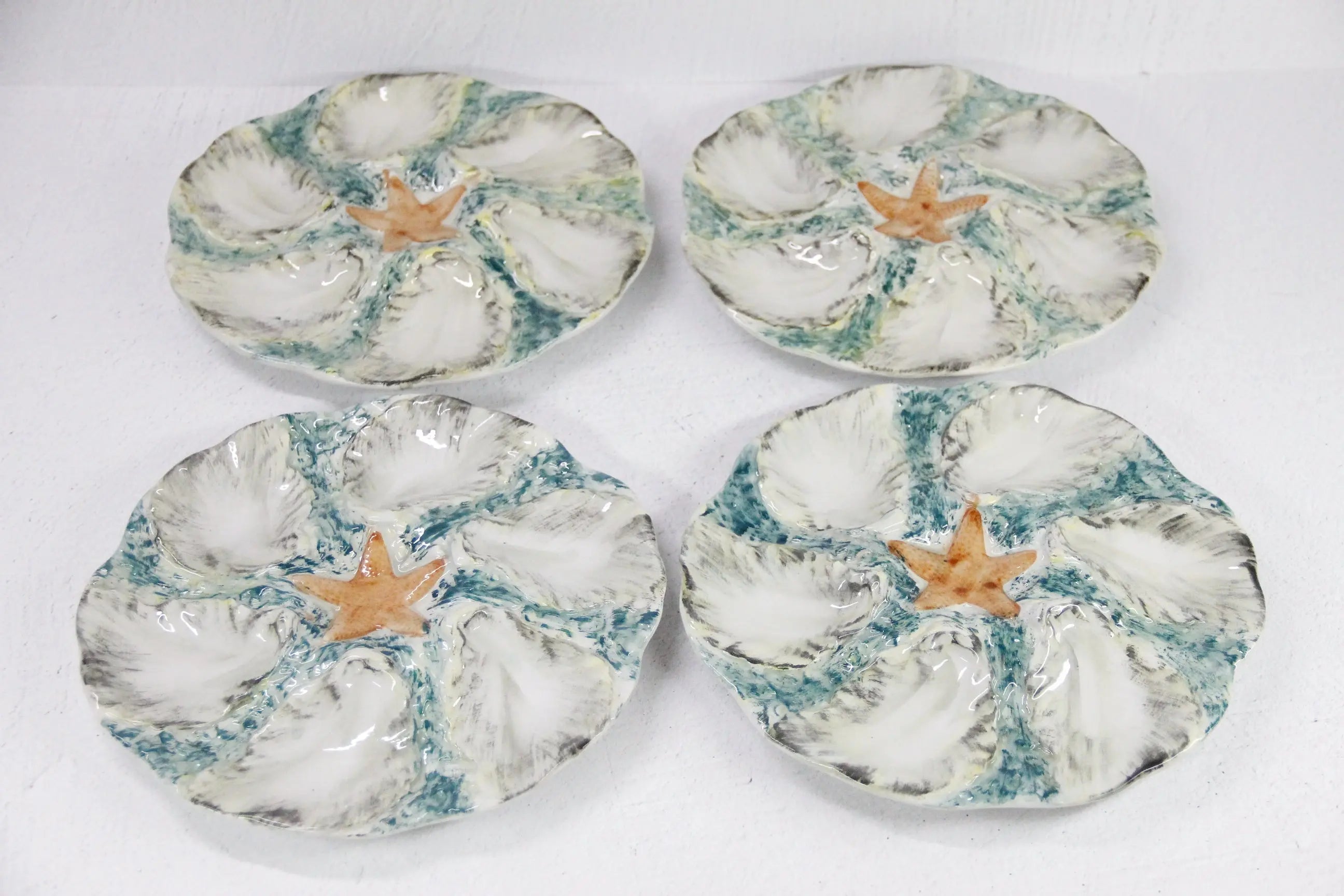 Majolica Oyster Plate-French Blue/Green Starfish 2 Pcs.  Debra Hall Lifestyle