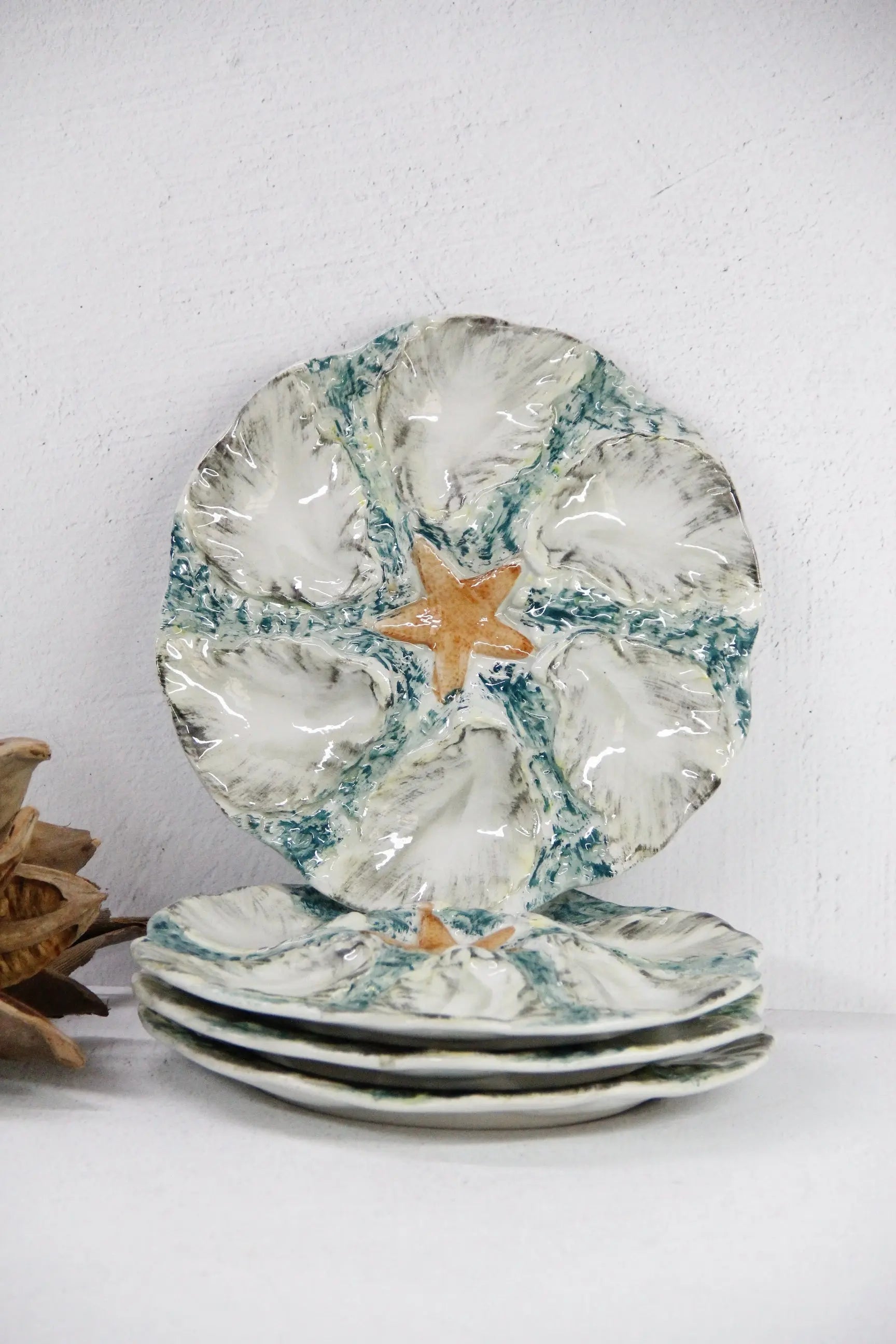 Majolica Oyster Plate-French Blue/Green Starfish 2 Pcs.  Debra Hall Lifestyle