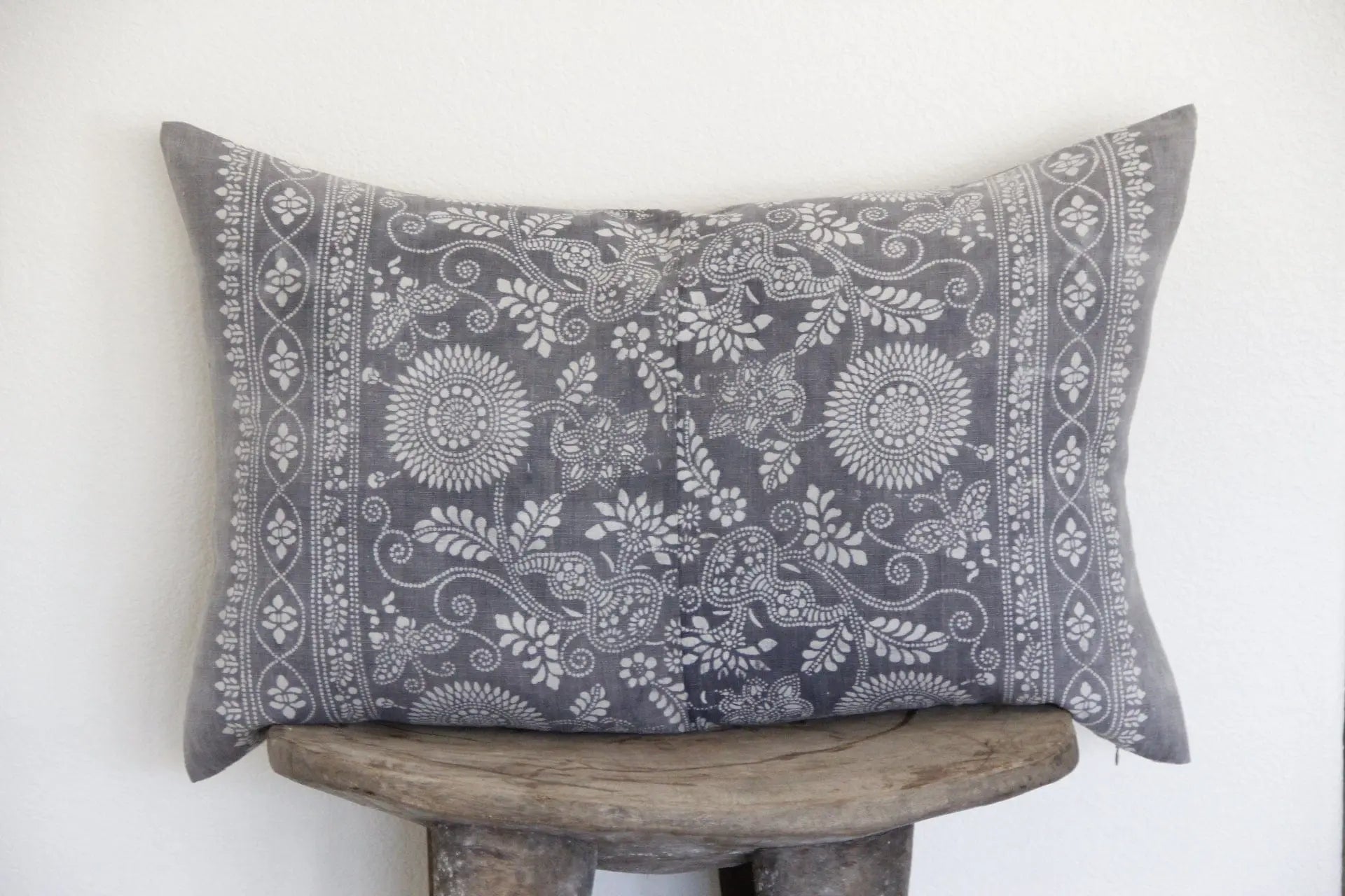 Vintage Denim fashion Lumbar Pillow, Black and Tan Vintage Textile Trim,