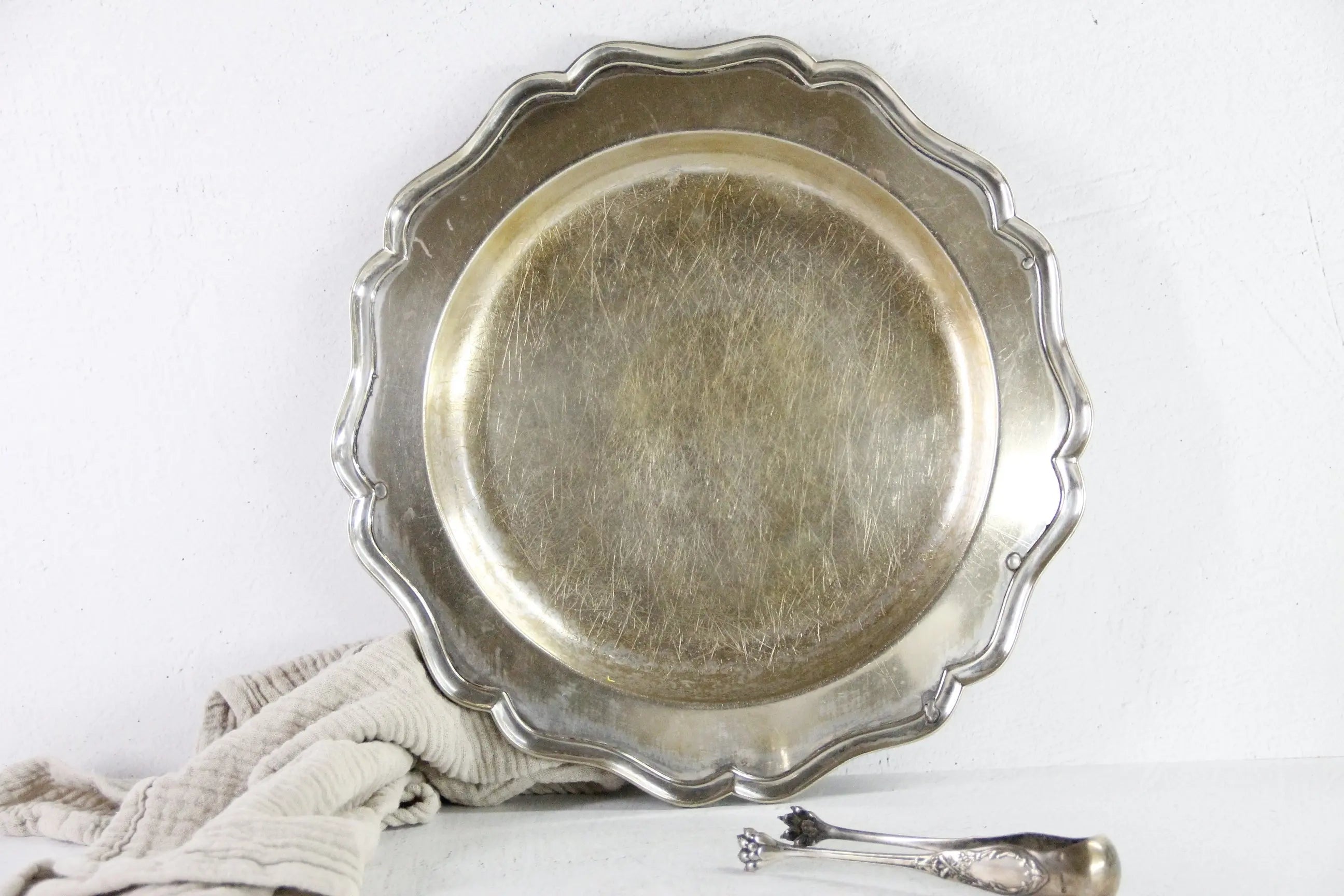 Hotel Silver Tray | Antique Scalloped Serving Tray Heavy  Debra Hall Lifestyle