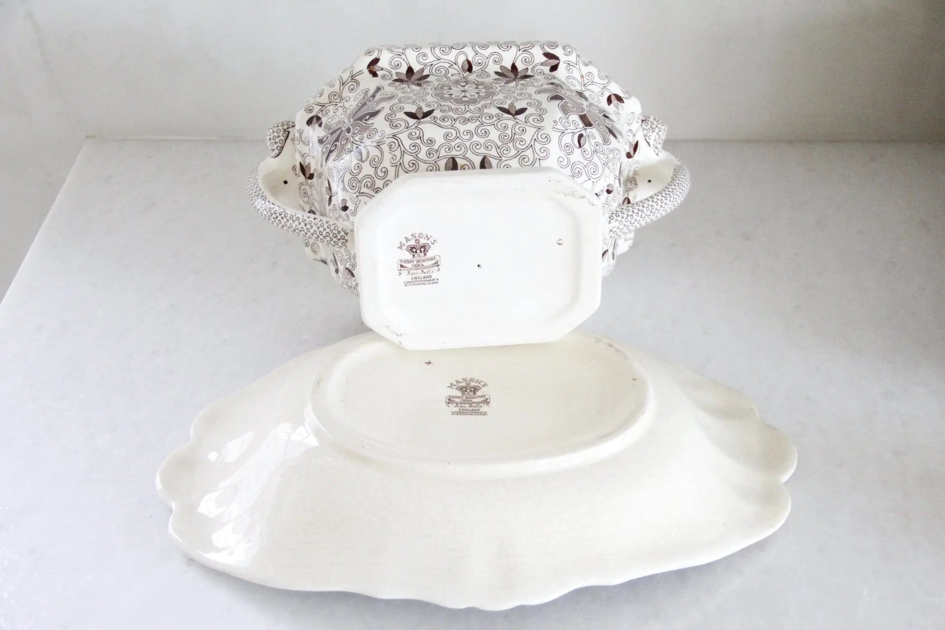 Large 1940s Mason's Bow Bells Tureen | Serveware 3 Pcs. Ironstone  Debra Hall Lifestyle