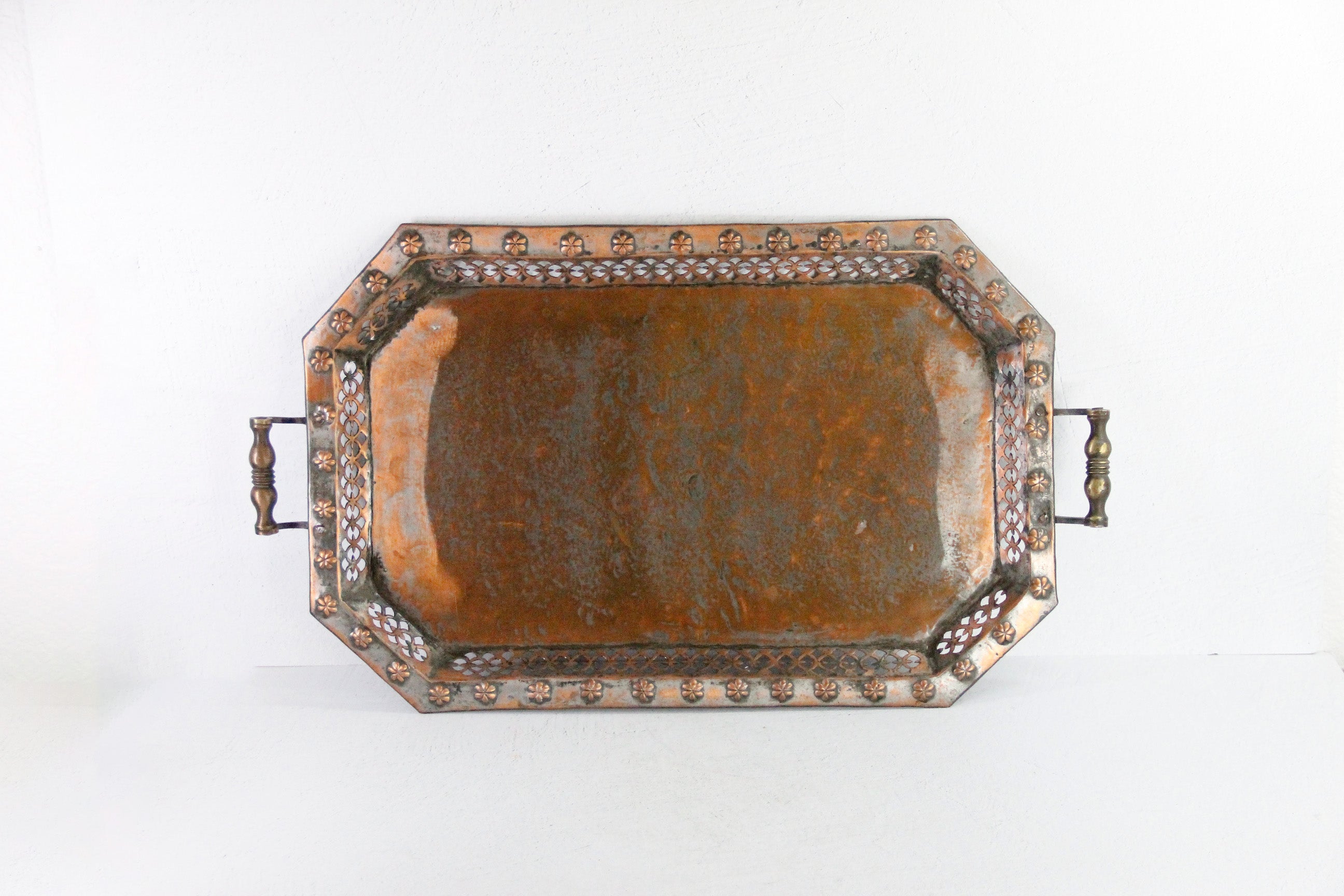 Antique Copper Serving Tray with Brass Handles | Large Hammered