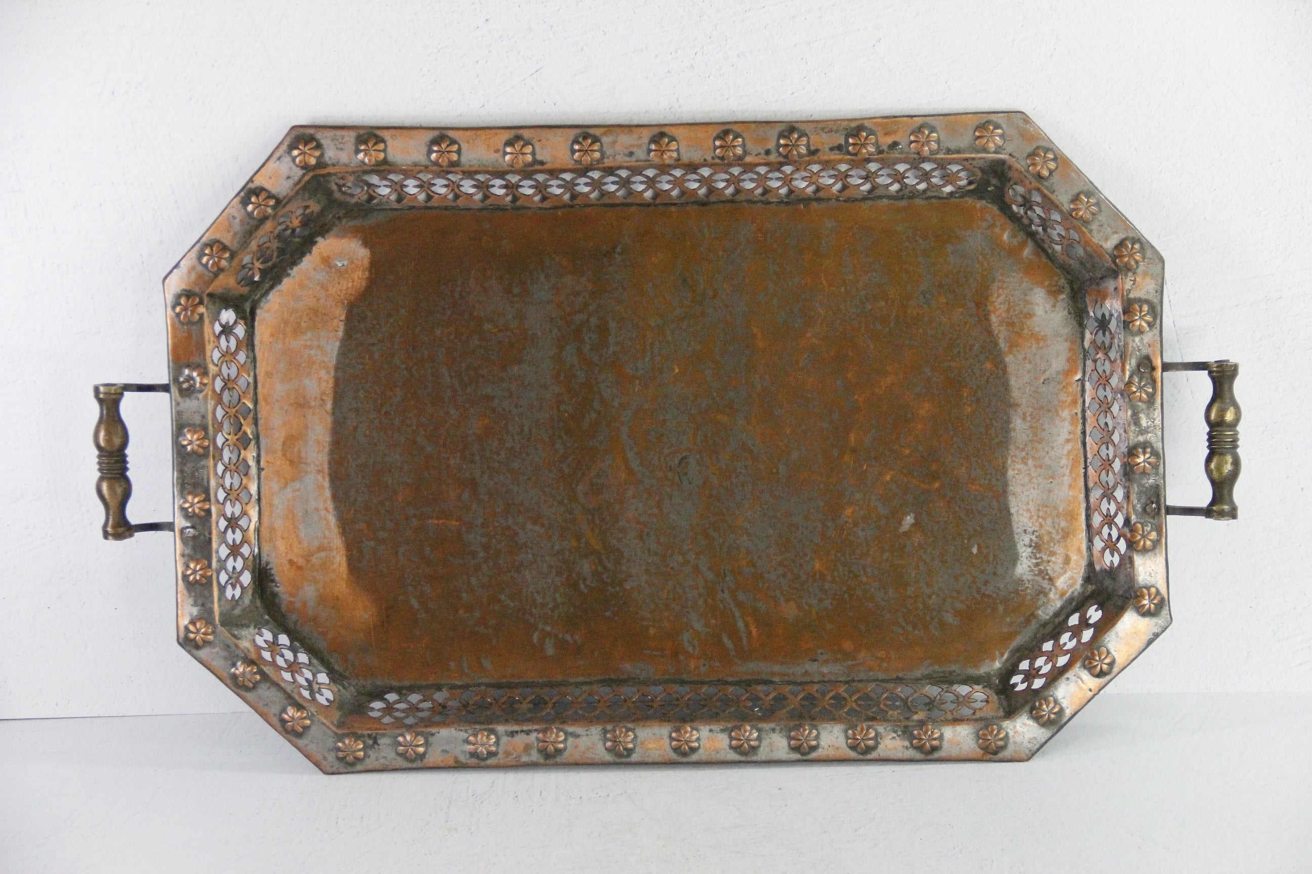 Antique Copper Serving Tray with Brass Handles | Large Hammered