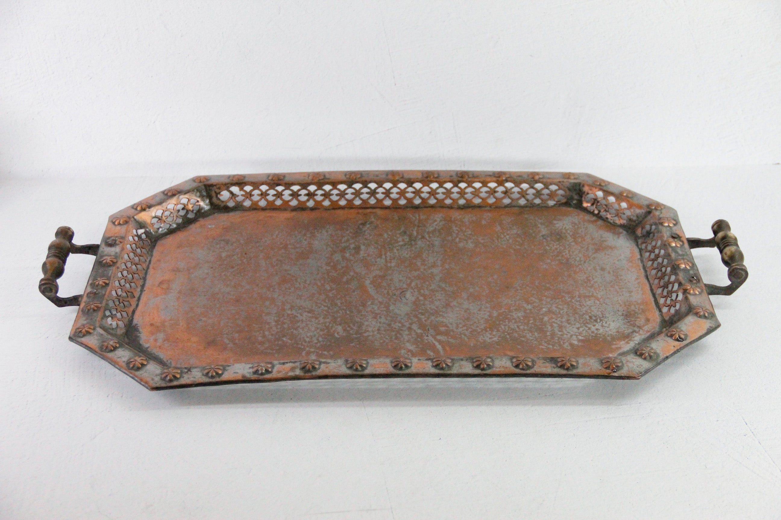 Antique Copper Serving Tray with Brass Handles | Large Hammered