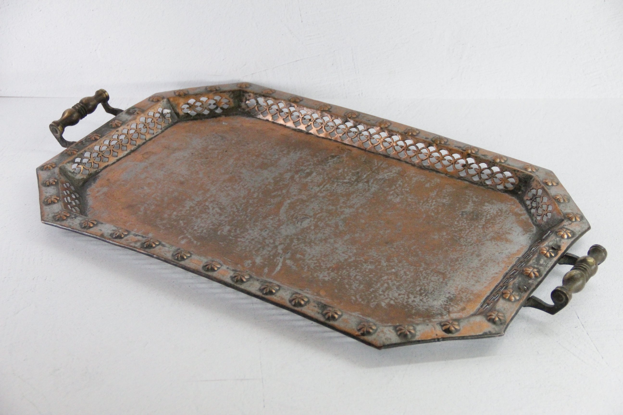 Antique Copper Serving Tray with Brass Handles | Large Hammered