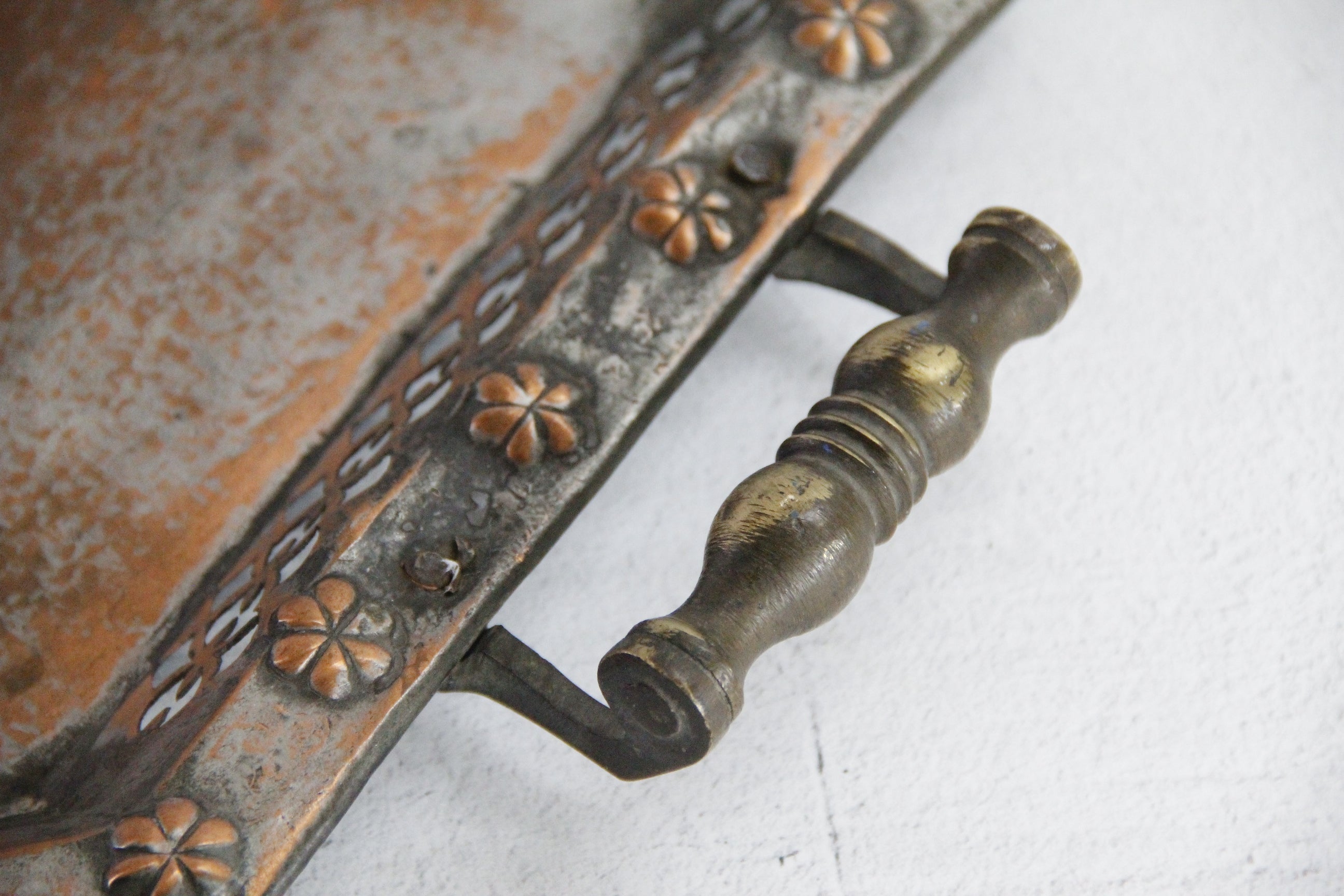 Antique Copper Serving Tray with Brass Handles | Large Hammered