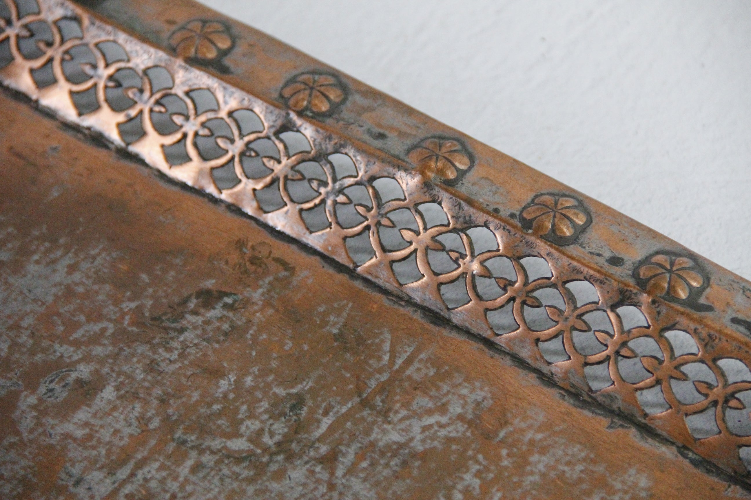 Antique Copper Serving Tray with Brass Handles | Large Hammered