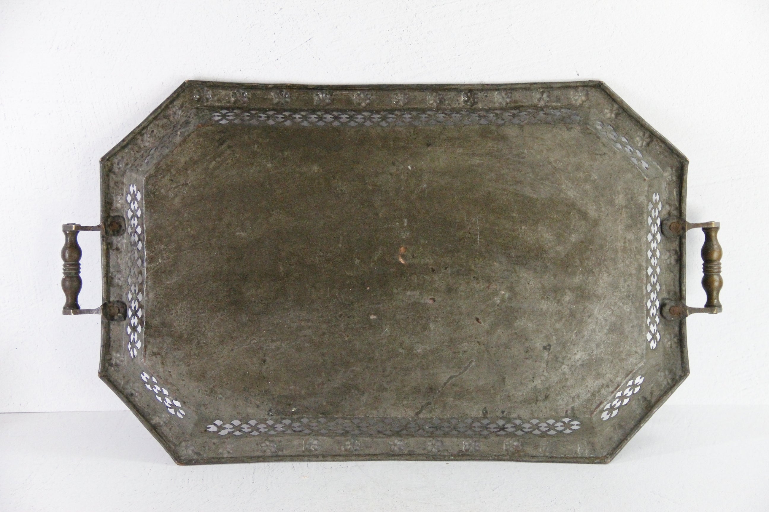 Antique Copper Serving Tray with Brass Handles | Large Hammered