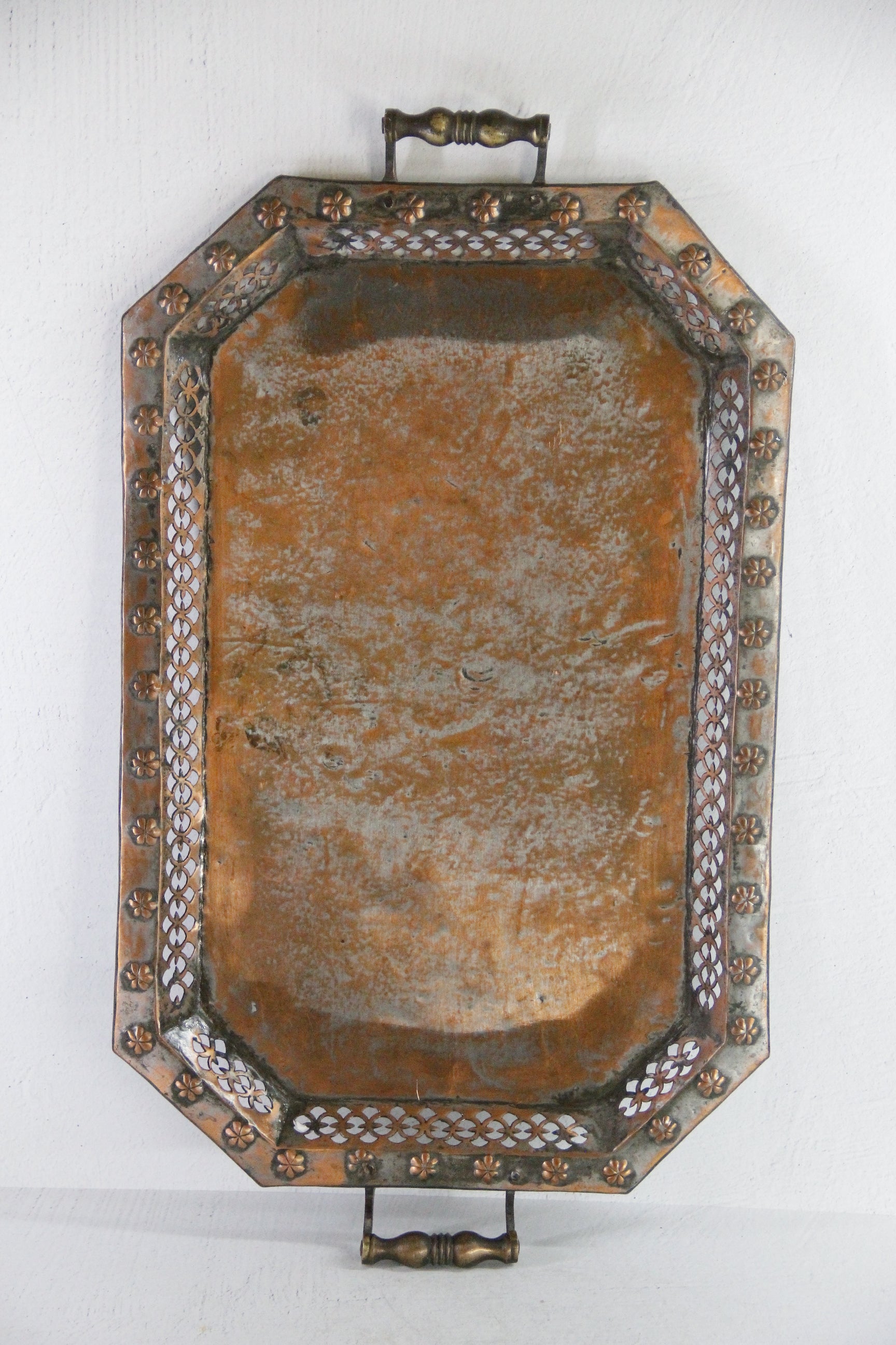 Antique Copper Serving Tray with Brass Handles | Large Hammered